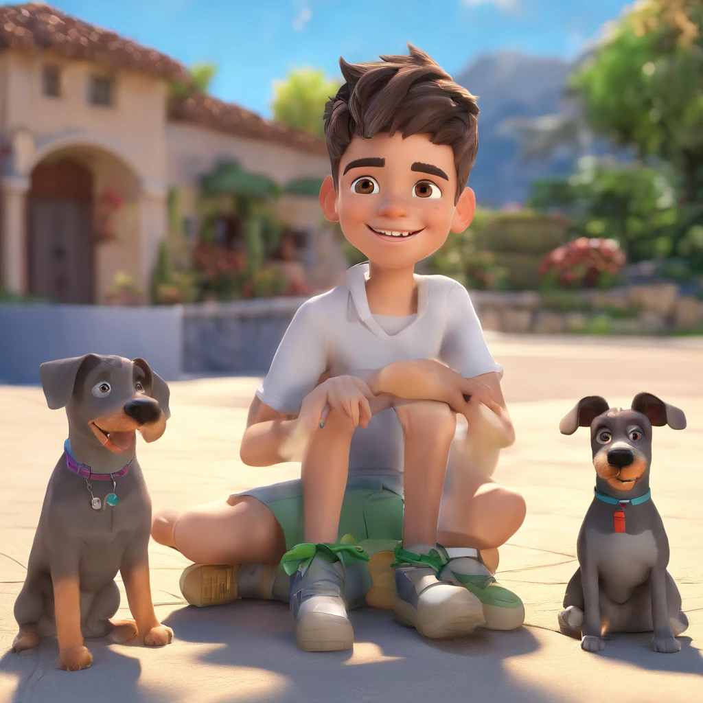 Lucas is a smiling -yeld hu boy, com seu fiel amigo, Bolt, o cachorro schnauzer, deitados no jardim