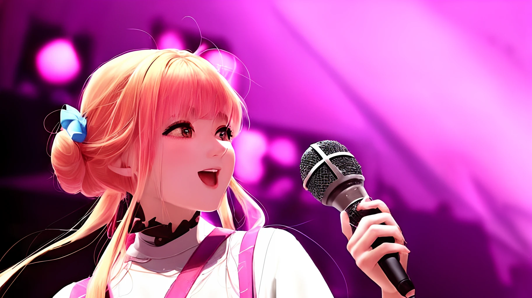 Girl with side face singing on stage。The pupils are pink。Microphone in hand。It's a lot of fun。It's blonde hair。Looks beautiful。