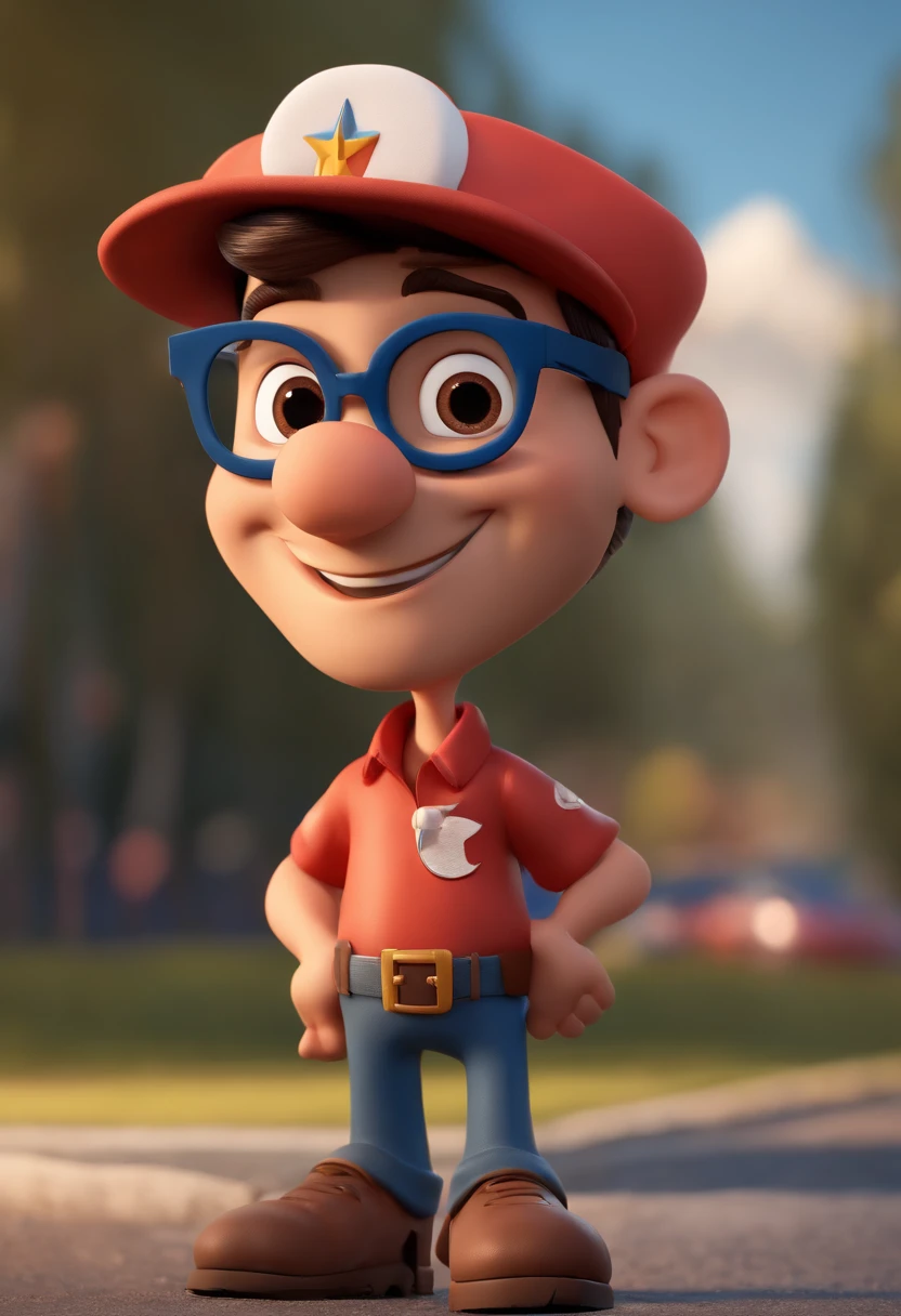 Cartoon character of a man with black glasses and a blue shirt, santa hat, animation character, Caractere estilizado, animation style rendering, 3D estilizado, Arnold Maya render, 3 d render stylized, toon render keyshot, Personagem 3D, Personagem 3D, 3d rendering stylized, 3 d character render, personagem de desenho animado, Personagem de close up, Pose de personagem, (Estilo Pixar) (master part:1.2) (Bokeh) (best quality) (pele detalhada) (textura detalhada) (8k) (argila) (Cinematic lighting) (foco nítido