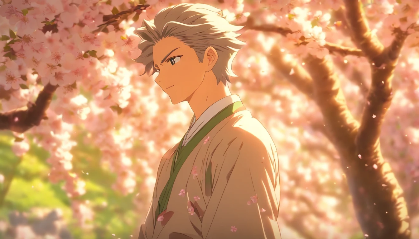 In this serene anime still-frame, a tranquil school courtyard is adorned with a breathtaking cherry blossom tree in full bloom, its delicate pink petals gently falling to the ground. The focal point is a teenage boy with striking white hair, his vibrant green eyes contrasting beautifully with the natural scenery.

The boy stands gracefully in his school uniform, the fabric crisply pressed and gently swaying in the breeze. The uniform consists of a white dress shirt, a neatly knotted tie, and a perfectly pleated pair of dark trousers. He exudes an air of quiet elegance.

His gentle smile is the embodiment of warmth and innocence, mirroring the gentle sway of the cherry blossoms around him. The boy's posture exudes a sense of youth and hope, as if he's inviting the viewer to share in the serenity of the moment. This still-frame captures the timeless beauty of youth and the ephemeral nature of cherry blossoms in full bloom.