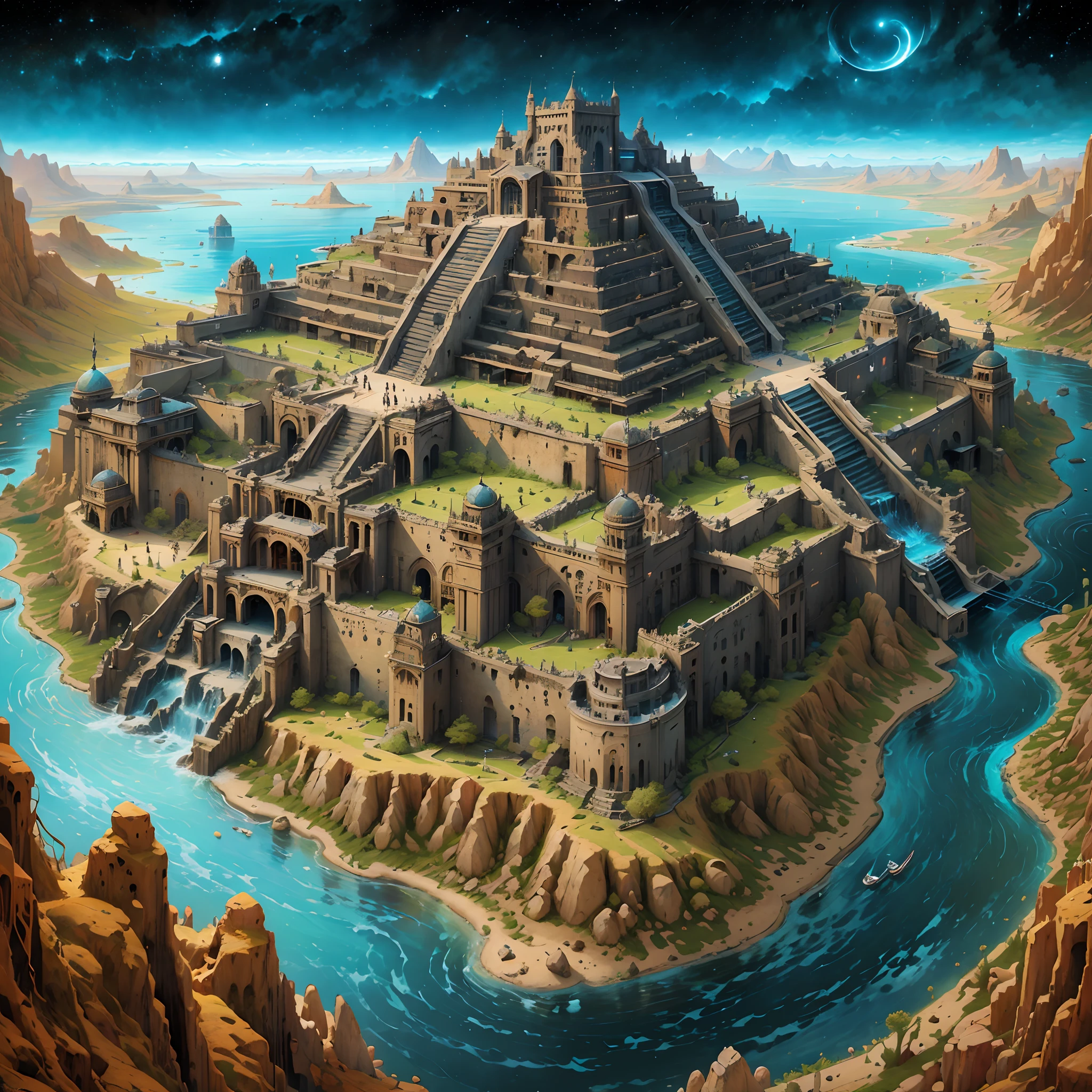 dark fantasy, very far view of a colossal Babylon style fortified palace sits in the middle of desert with hundreds of floors and terraces with a crystal clear river and lake running and Assyrian city sits below, colorful, fantasy structure, ((night sky)), hyper realistic, digital art, fantasy art