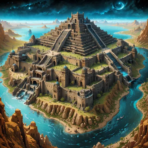 dark fantasy, very far view of a colossal babylon style fortified palace sits in the middle of desert with hundreds of floors an...