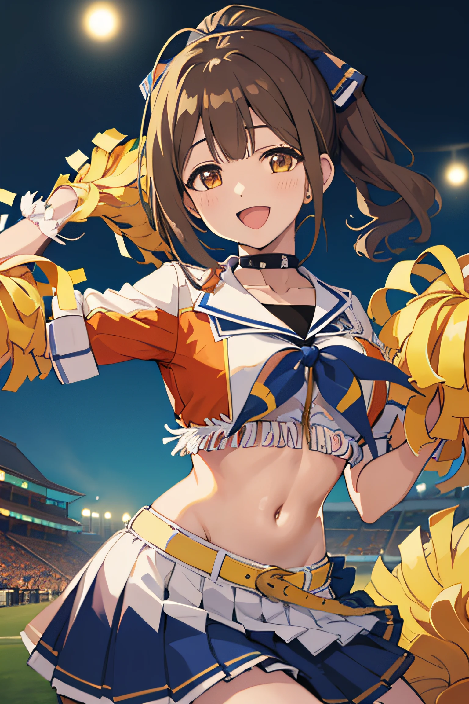 (​masterpiece、Top image quality:1.2), cowboy  shot, 独奏, 1girl in, (perspiring:1.2), \:D, Look at viewers, holding a pom pom, Ahoge, poneyTail, cheerleaders, Underskirt Shorts, a choker, Midriff, tigers