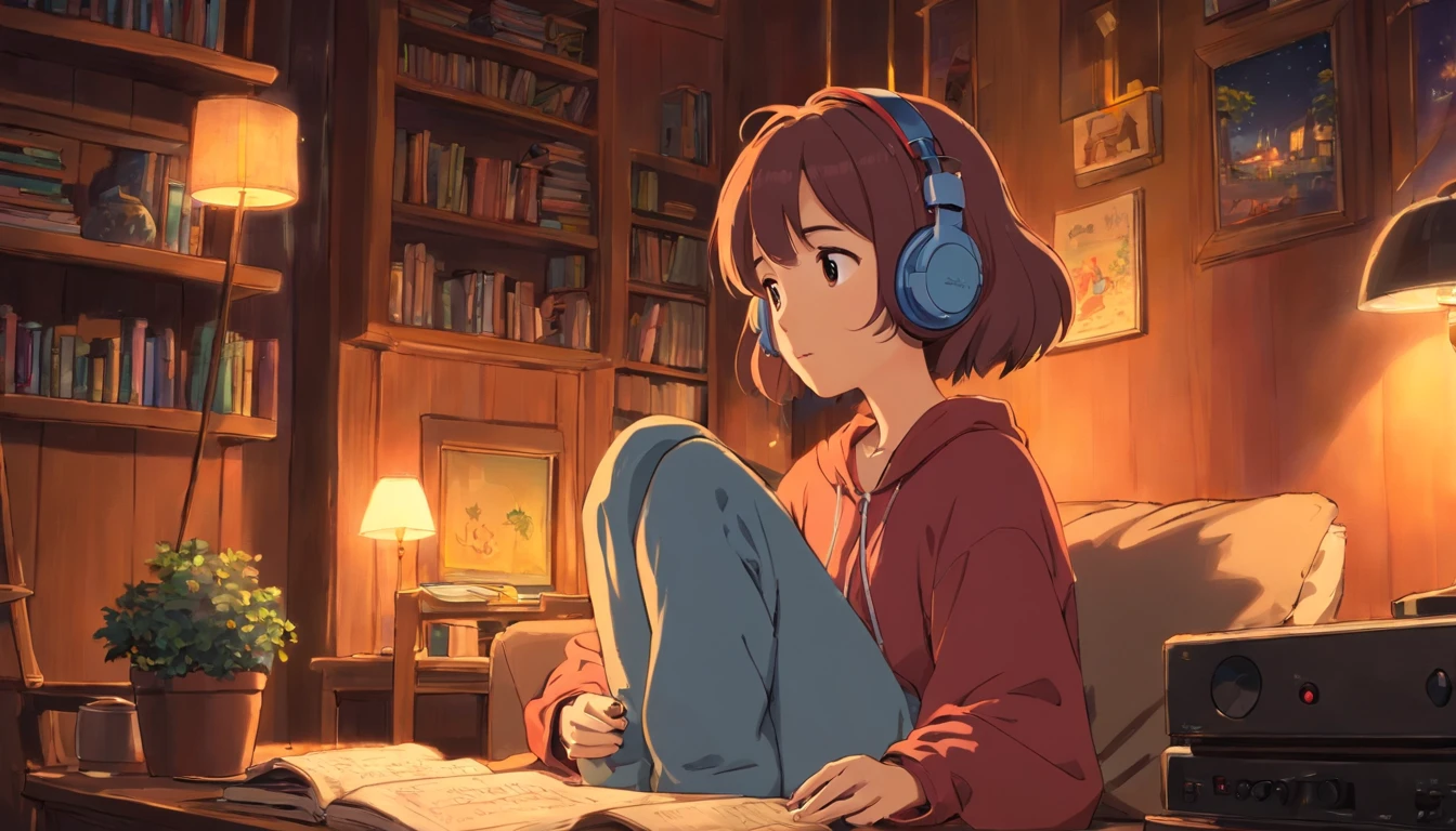 Girl listening to music in a cozy room at night, Use headphones, 2D style anime, Lo-Fi Studying