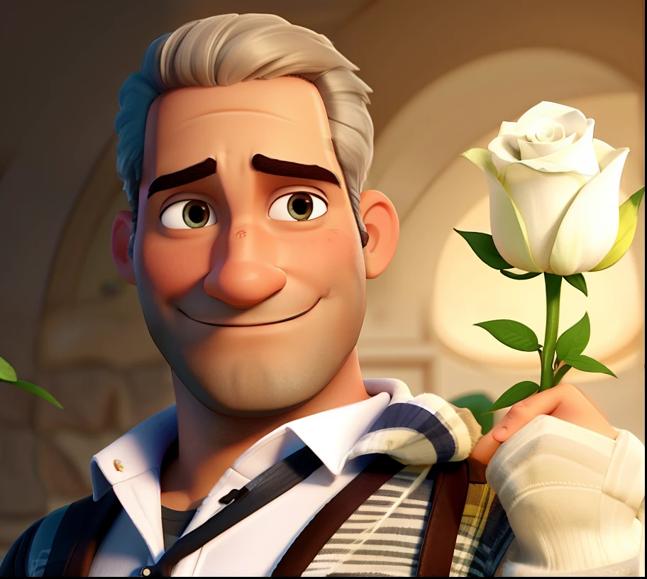 Homem estilo disney pixar, branco, loiro, olhos castanhos, olhar sexy, Holding a white rose with her left hand. Fundo amarelado. Alta qualidade.