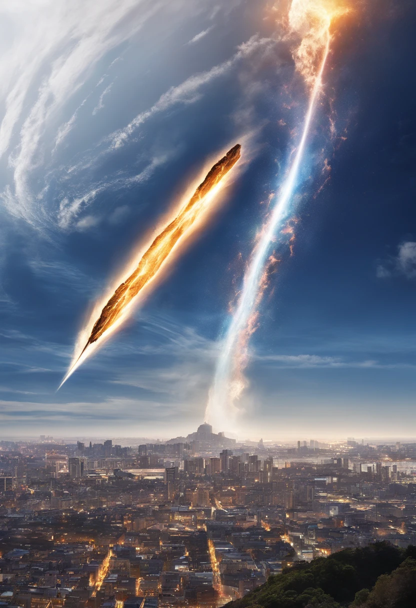 A colossal meteorite hurtling towards Earth, fiery tail trailing behind, the surface covered in craters and jagged rocks, looming ominously over a coastal city, capturing the panic and awe of onlookers, Photography, using a high-speed telephoto lens (e.g., 400mm f/2.8), capturing the meteorite in sharp focus against a slightly blurred cityscape,