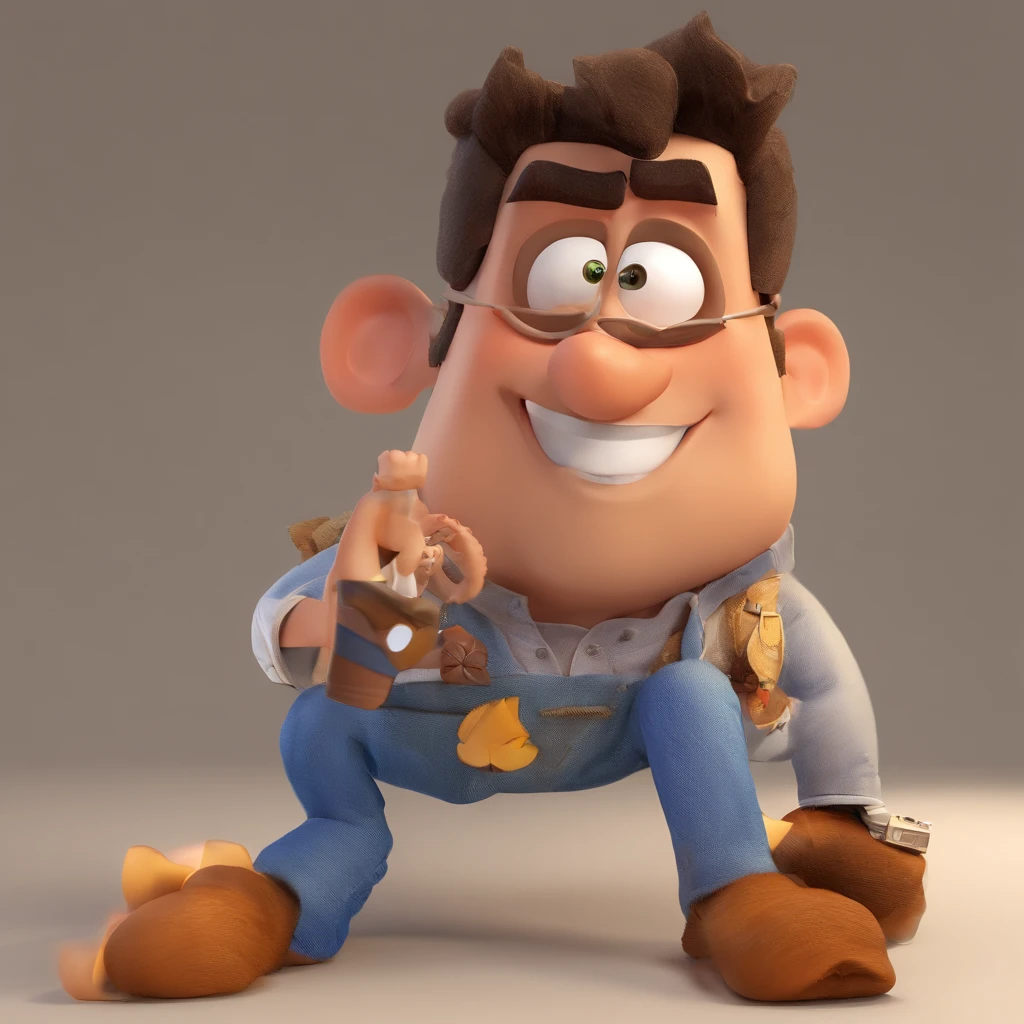 Criar um personagem no estilo Pixar. Trata-se de um homem de 30 anos, com barba, Branco, com cabelos castanhos curtos e um quiff, e olhos castanhos. Ele deve estar na frente de um computador, Trabalhar como designer