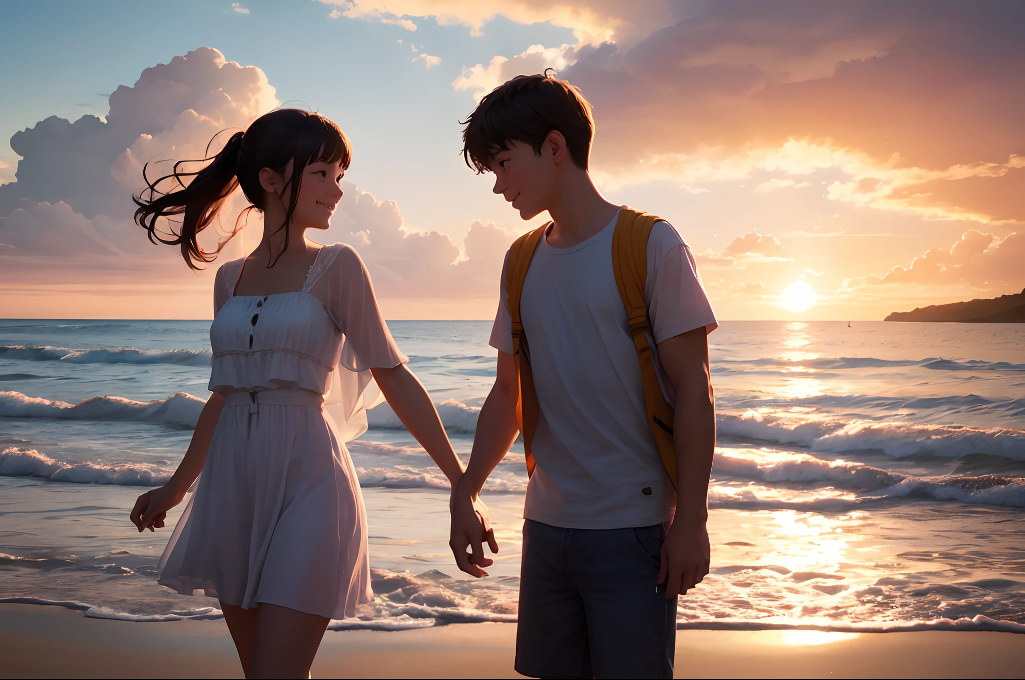 The view of Makoto Shinkai's movie style,Meizhou Island Sea,Two-dimensional,sun rise,couple,Beautiful
