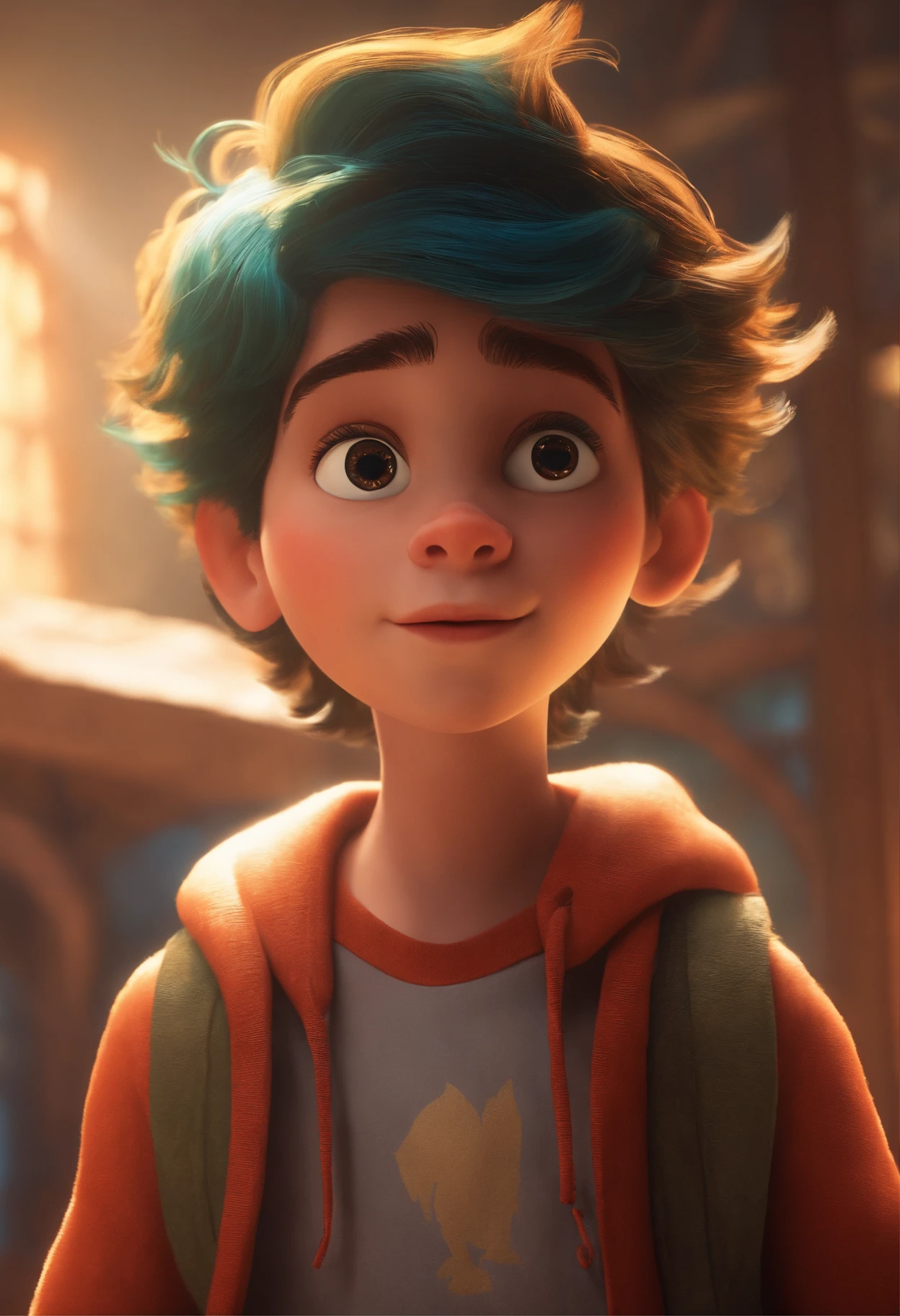 Image of a boy for a story in a YouTube video in Pixar format, He's the  allabester, He's the class leader, He's outgoing, Playful and gets up for a lot of things, cabelo curto