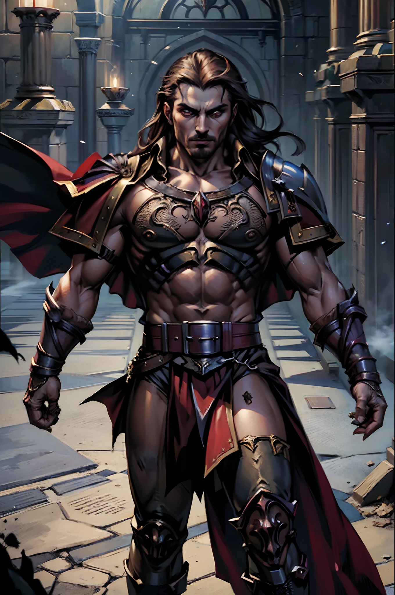 Lord Dracula muscular handsome warrior medieval returning to his castle Victorious with his démon army troops in midday hyper realistic super detailed Dynamic shot master piece scene cinématique scènes movie Epic Legendary correct proportions correct Anatomy correct poses