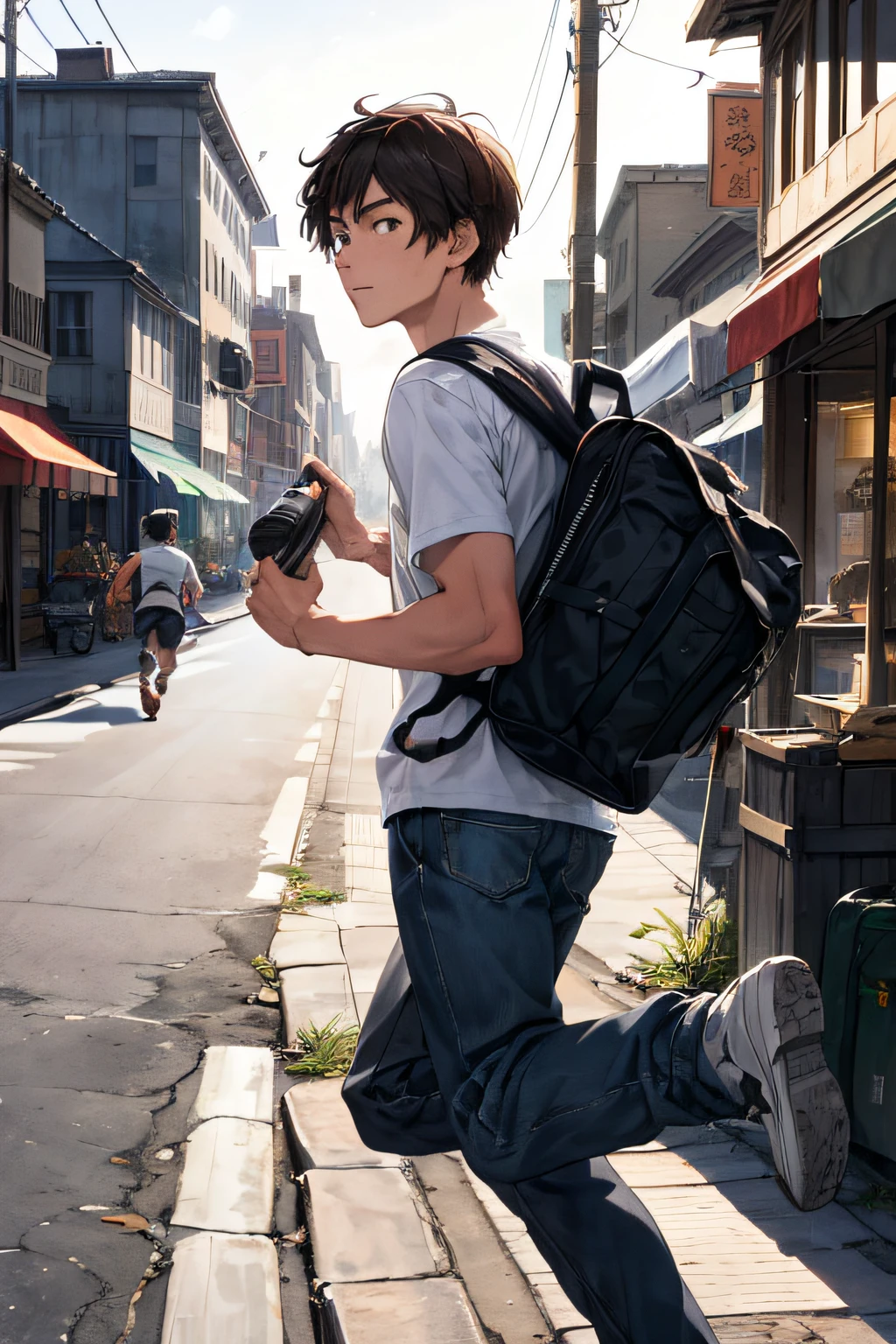 A young man，age 22，Running on the road，Carrying a small school bag，in hurry，Congestion on the main street，in the early morning