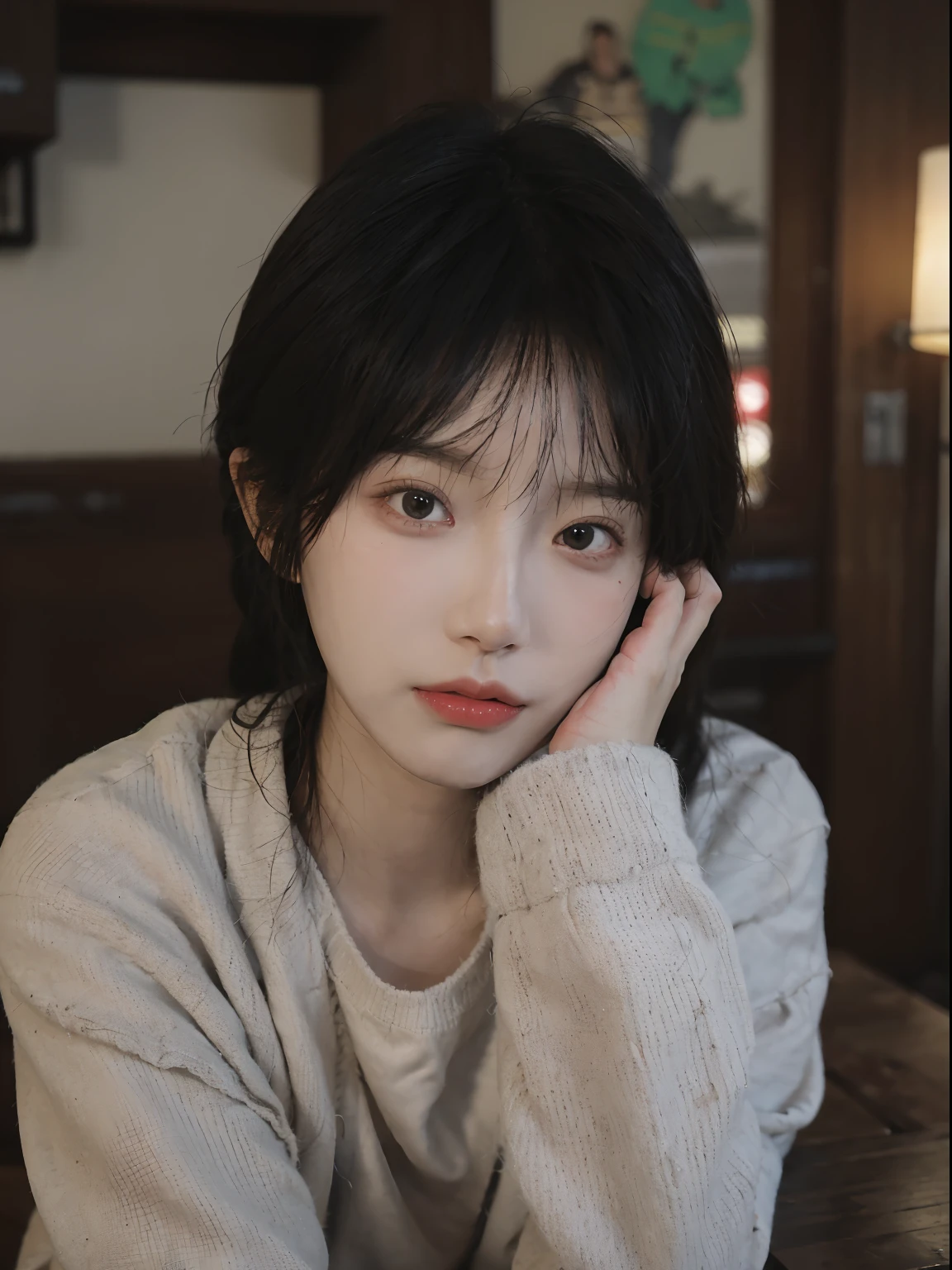 best qualtiy， 超高分辨率， （realisticlying：1.4）， A woman with long black hair and a gray sweater, 中景 the scene is, She has black hair，By bangs, young lovely Korean faces, wan adorable korean face, ulzzangs, Shin Jinying, beautiful aesthetic face, Korean face features, Played by Liu Lee Ji Eun ，Beautiful realistic face