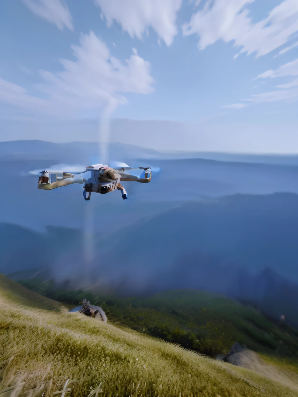 The sight of a small white drone flying over a meadow hill, drone point of view, hovering drone, drone wide shot, drone point of view, UAVs, drone photography, drone photography, looming drone, UAVs in the air, drone camera angle, drone footage, Fly drones, 4k drone photography, drone view, Hovering in the air, drones,cryengine render 8 k uhd, made in unreal engine, illusory engine. cinematic Film still from