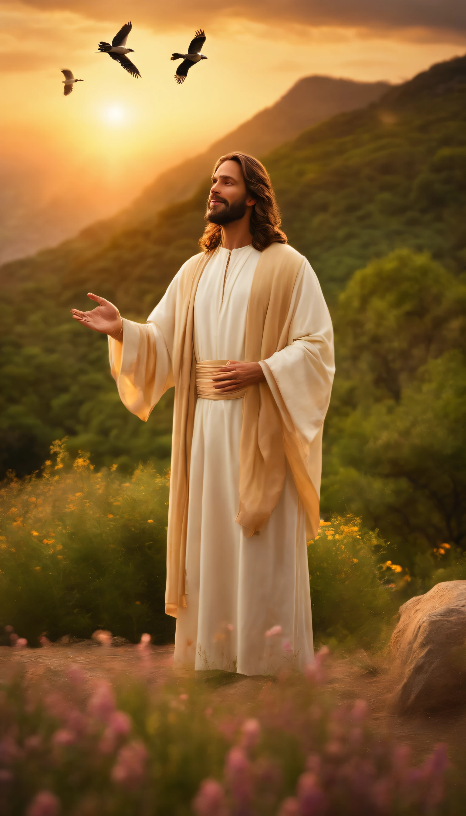 Jesus Christ in the Sermon on the Mount, (best quality, 8k, highres, masterpiece:1.2), ultra-detailed, realistic:1.37, biblical scene, oil painting, serene atmosphere, golden sunset, grandeur and divinity, graceful and gentle, multiple people listening intently, Jesus at the center, iconic long hair and beard, compassionate eyes, soothing voice, radiant light shining from him, warm and vibrant colors, flowing robes, humble and welcoming, lush green hillside, blooming flowers, delicate details in nature, birds singing in the background, peaceful and harmonious ambiance, subtle brushstrokes, spiritual enlightenment, divine presence.