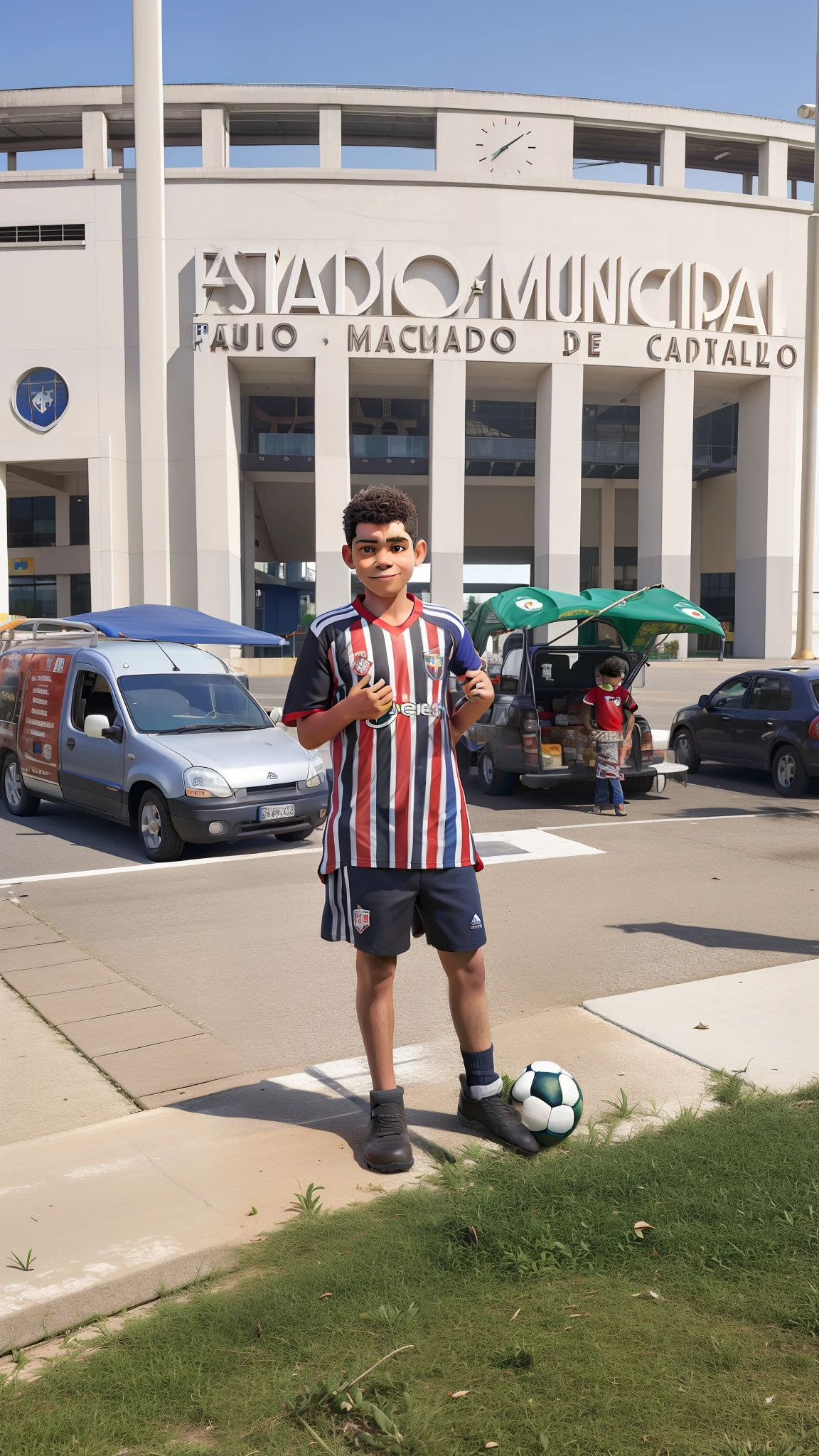 Imagem detalhada, 10 year old boy with shirt of Sao Paulo Futebol Clube in front of Pacaembu stadium