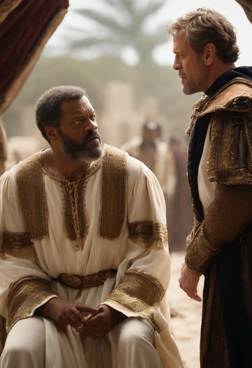 There are two people arguing, (((Laurence Fishburne))), (((Hugh Laurie))) , (((dressed in biblical times clothes))), Homem Careca Preto, vestido de branco, discutindo com o malvado Hugh Laurie, (Hugh Laurie in white Bible clothes), (Hugh Laurie e Laurence Fishburne discutindo), ((close-up extremo)), (fechar para cima)