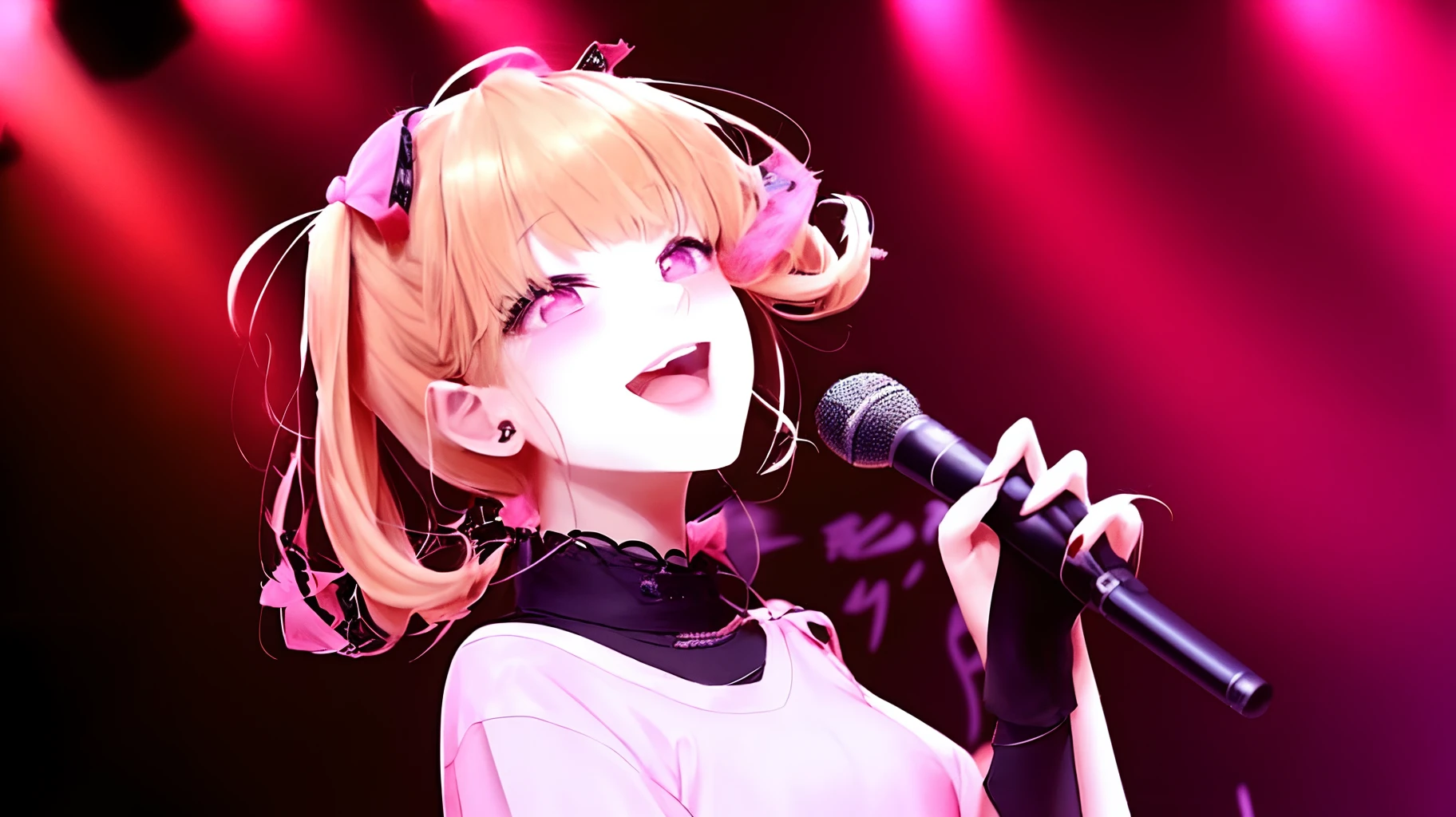 Girl with side face singing on stage。The pupils are pink。Microphone in hand。It's a lot of fun。It's blonde hair。Looks beautiful。