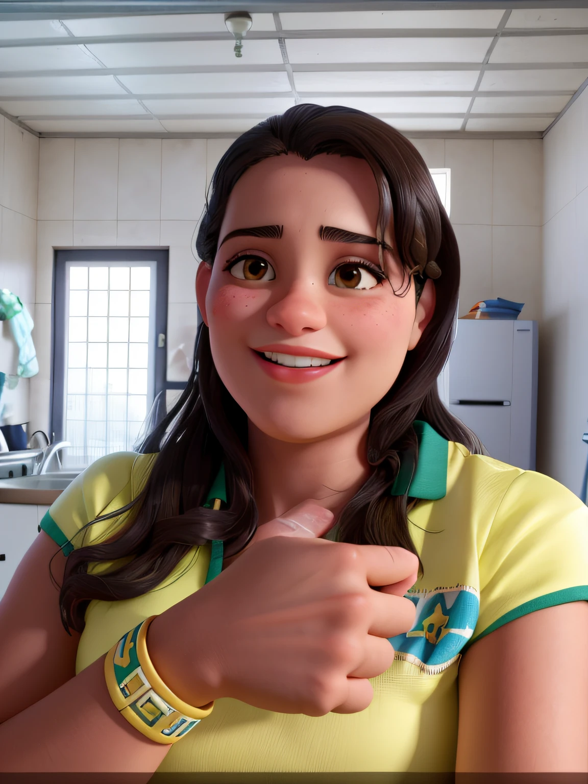 Mulher sorridente na camisa amarela mostrando polegares para cima na cozinha, 3 5 year brazilian mother, Parece Fabiula Nascimento, Anos Imane, fernanda suarez, Malika Favre, Directed by: Nandor Soldier, andrea rocha, Mulher de 30 anos de Cuba, Ronaldo Nazario Fenomeno, Edon Guraziu
