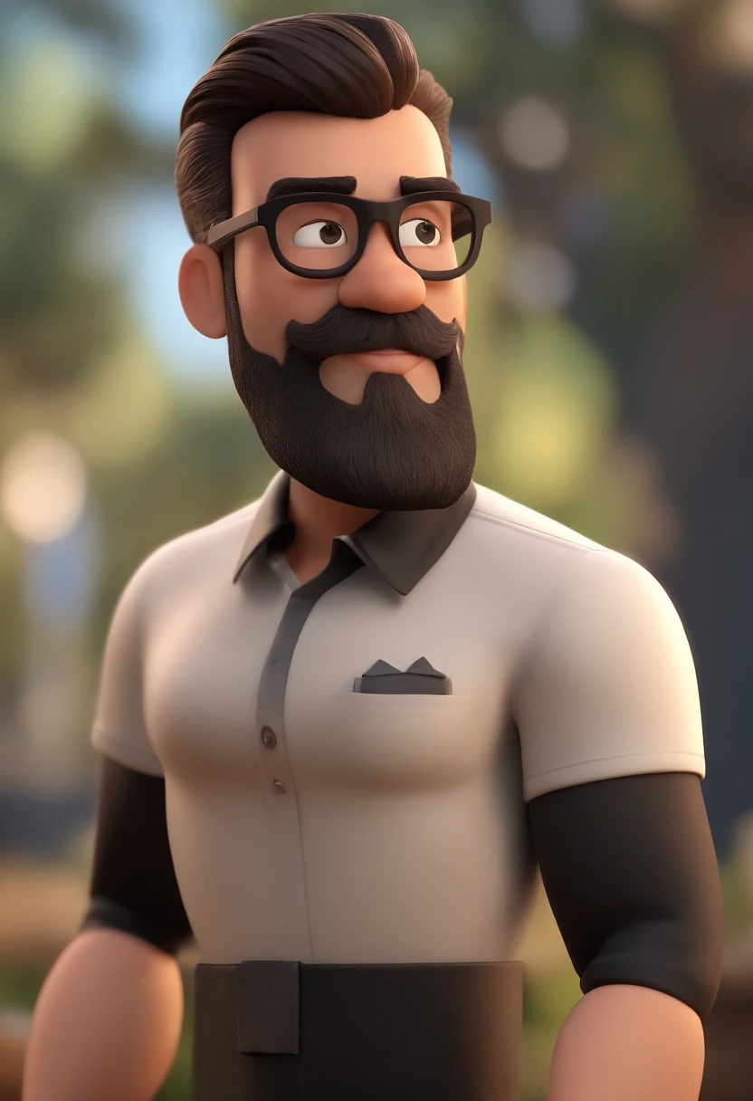 Cartoon character of a man with black glasses and a black polo shirt, cabelo liso, With beard and old school tattoo on his arm, animation character, Caractere estilizado, animation style rendering, 3D estilizado, Arnold Maya render, 3 d render stylized, toon render keyshot, Personagem 3D, Personagem 3D, 3d rendering stylized, 3 d character render, personagem de desenho animado, Personagem de close up, Pose de personagem, (Estilo Pixar) (master part:1.2) (Bokeh) (best quality) (pele detalhada) (textura detalhada) (8k) (argila) (Cinematic lighting) (foco nítido