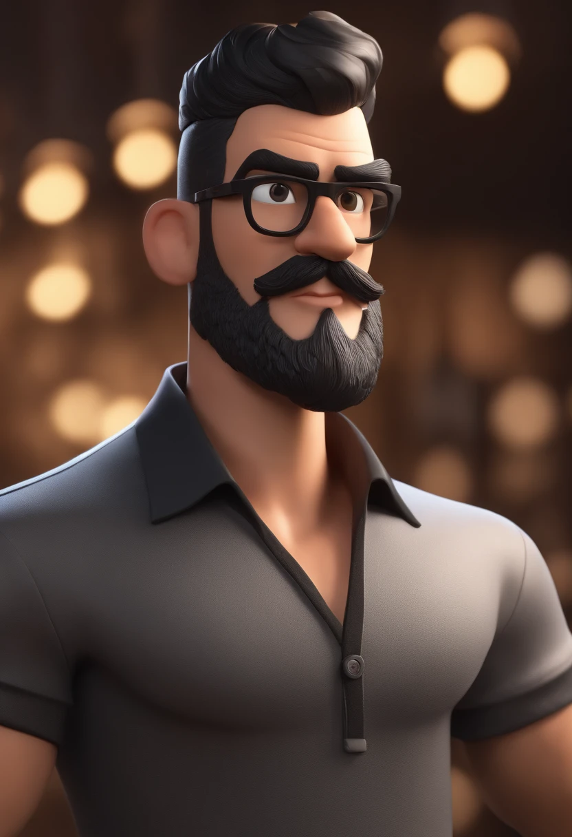 Cartoon character of a man with black glasses and a black polo shirt, cabelo liso, With beard and old school tattoo on his arm, animation character, Caractere estilizado, animation style rendering, 3D estilizado, Arnold Maya render, 3 d render stylized, toon render keyshot, Personagem 3D, Personagem 3D, 3d rendering stylized, 3 d character render, personagem de desenho animado, Personagem de close up, Pose de personagem, (Estilo Pixar) (master part:1.2) (Bokeh) (best quality) (pele detalhada) (textura detalhada) (8k) (argila) (Cinematic lighting) (foco nítido