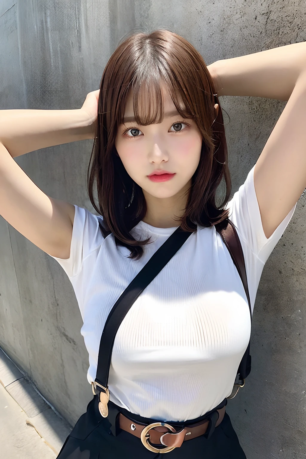 masterpiece、flat-colors、depth of fields、lens flare 1 girl、、Brown hair、watching at viewers a belt black suspenders bulging big breasts Armpit sweat perspiring Side of both hands walls: Black pants, Gaze Small face Bangs Upper Eyes flank a miniskirt garterbelts