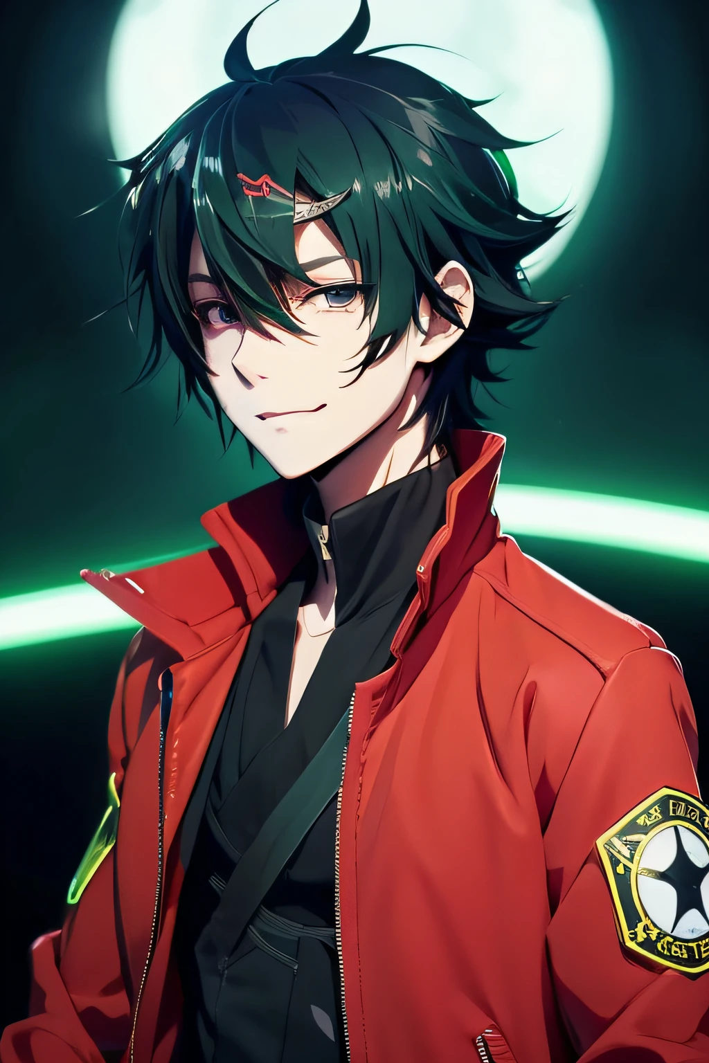 Anime character of a boy wearing red jacket on a black stylish attire, light green midium hair, bangs, black drooping eyes, Sexy smile with close mouth, Beautiful anime character design, Anime vision of an androgynous boy, highly detailed character design, high quality character design