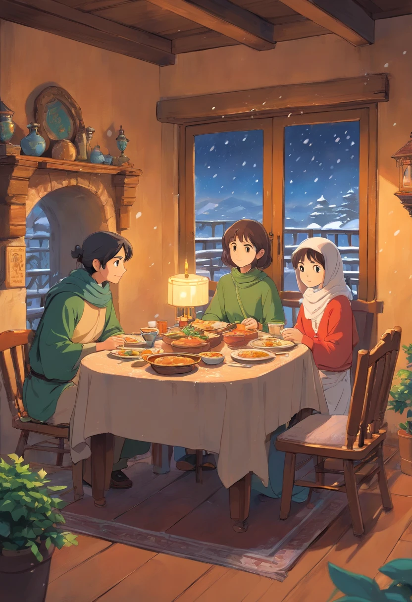 heartwarming algerian dinning room scene where the young Algerian girl, her mother, and father share a delightful meal while it snows outside