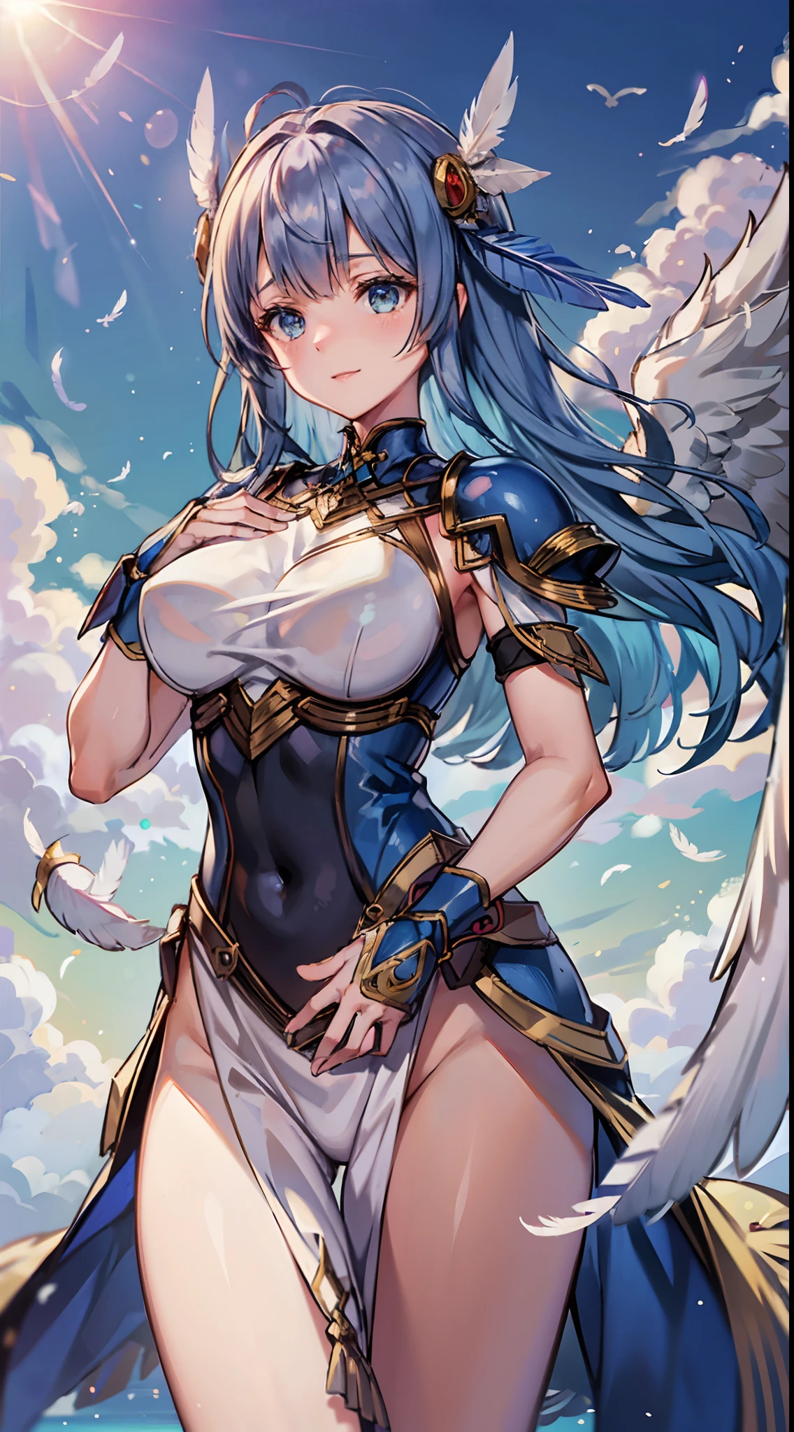 ((4K,masutepiece,Best Quality)), maxiskit,  in a sparkly yellow and white leotard, Solo, wide shoot,(((Cute angel flying in the blue sky))), Fantasy, Big Angel Wings, adorable smiling、Long blue hair、Twin-tailed、Delicate eyes, beautifullydetailedbackground, (on clouds), (Full speed、Full flight towards the lens)、 (2 large feathers:1.3), Lens Flare,Large in the center