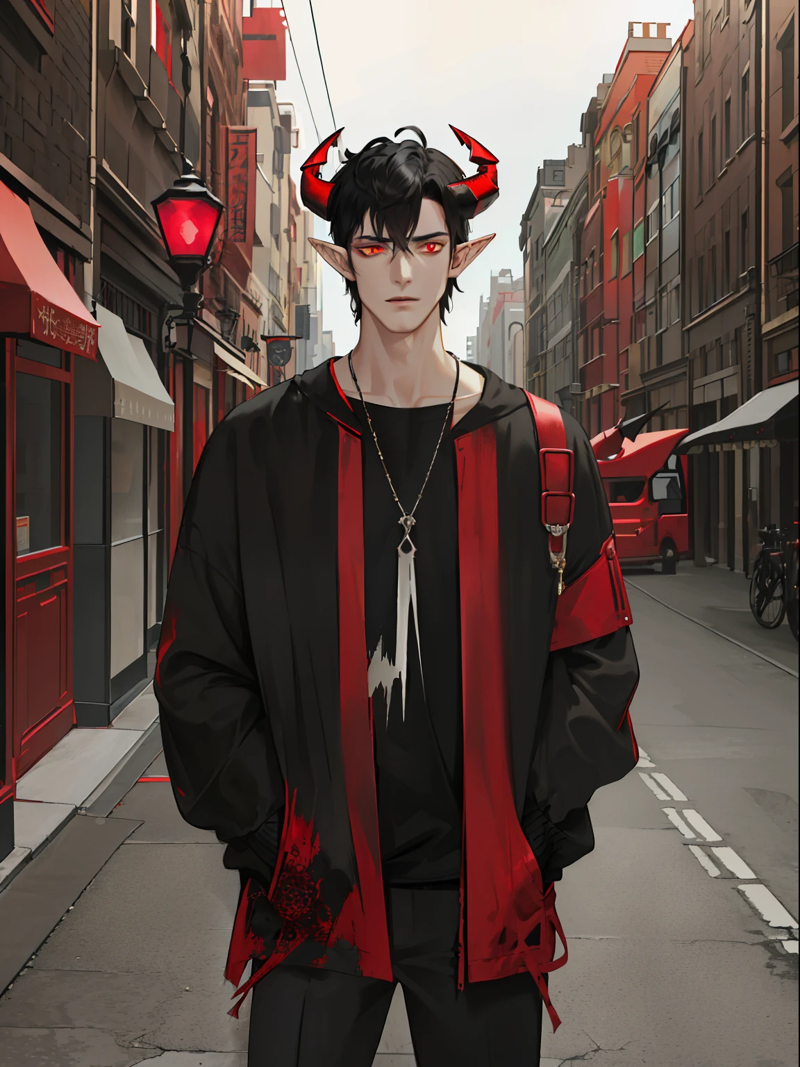 ((highest quality, masterpiece, 4k, finely detailed, detailed eyes, detailed face, intricate details, gelbooru, pixiv)), warm lighting, ((solo)), 1 male, (handsome, masculine, adult male, broad shoulders, tall guy, thin body), ((black hair, messy hair, short hair)), light skin, sharp features, (elf ears), ((baggy clothes, oversized clothes)), ((demon horns color fading from black to red)), ((sharp eyes, red eye color, tired expression, looking at viewer)), leaning against wall, hands in pockets, city at night background, street-style clothing, modern clothing, modern