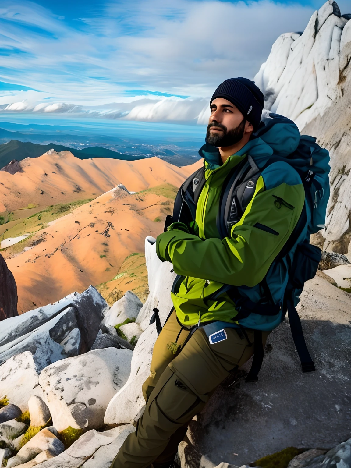 There's a man sitting on a rock with a backpack, foto do perfil, Belas vistas, no topo de uma montanha, olhando parcialmente para a esquerda, no topo de uma montanha, View from the top, com montanhas ao fundo, imagem de perfil, com montanhas no fundo, Postagem no Reddit, Foto de perfil, 8 mil. preenchendo a maior parte da vista