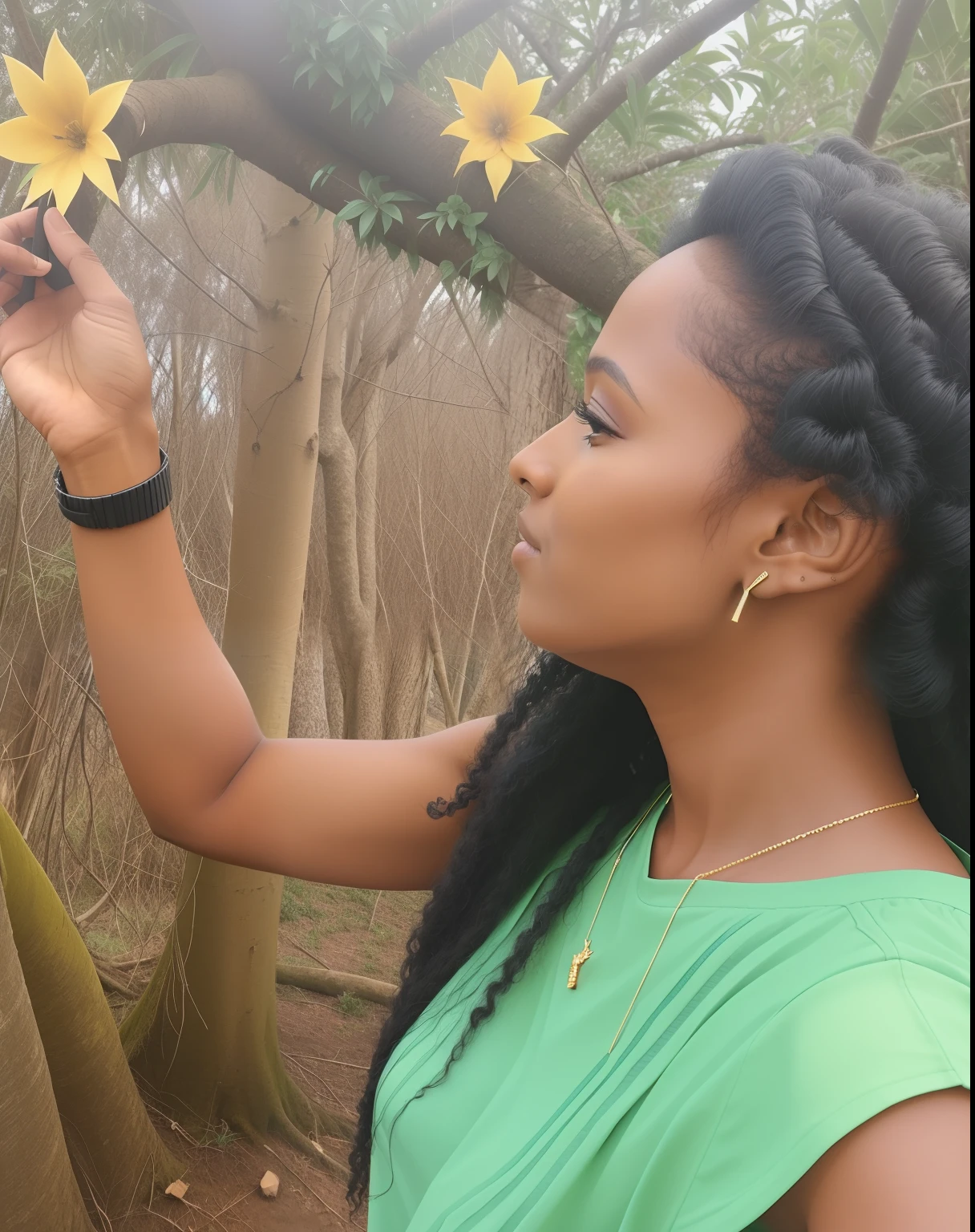 There is a dark-skinned woman holding a flower in her hand, wears an egyptian ankh necklace, taken in the early 2020s, Mulher de 30 anos com cabelo cacheado, olhando para o lado, trees in the background, beleza natural, ao lado de uma planta, looking to the side off camera, with a tall tree