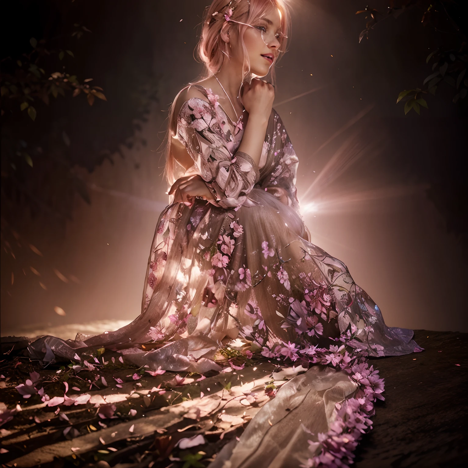 Lifelike woman looking up to the sky (forest background), 3D facial features, pink blonde hair, fairy figure, petals fluttering, petals falling on her body, ultra detailed painting, glow, bar lighting, intricate 4k resolution concept art portrait, creature Illuminated Fractal Isometric Details: 30 Years of Stunning Lifelike Footage, Full Body, Ten Fingers, Hand Adjustments