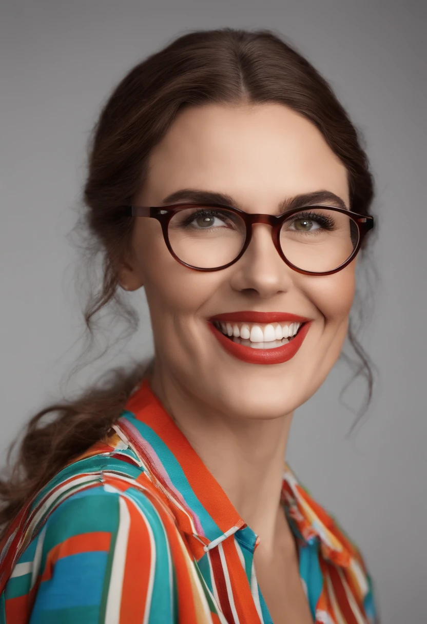 Image of a white teacher for YouTube video in Pixar format, ela tem cabelos castanho e liso de tamanho no ombro, wears glasses, She's white She's cheerful and likes colorful clothes.