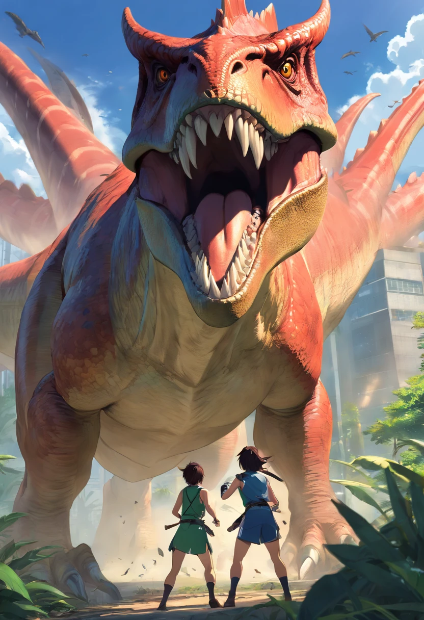 A fierce battle between Tyrannosaurus rex and Triceratops, (Best quality, 4K, A high resolution, ultra - detailed), Fierce struggle, Roars and horns, Dusty prehistoric landscape, realistic shaded, Vivid colors, (A detailed, 复杂, exquisite) Dinosaur scales and textures, Dynamic movement, (furious, determined) The expression on the face of a dinosaur, (stark, Muscular) institution, Sharp teeth and horns, (big assa, imponent) Size, (Dramatic, Dynamic) illuminating, (stark, Energetic) enhancing, (Tension, Anticipation) In the air,1 vs 1,bloods,hunting,Defense dose,A fight to the death
