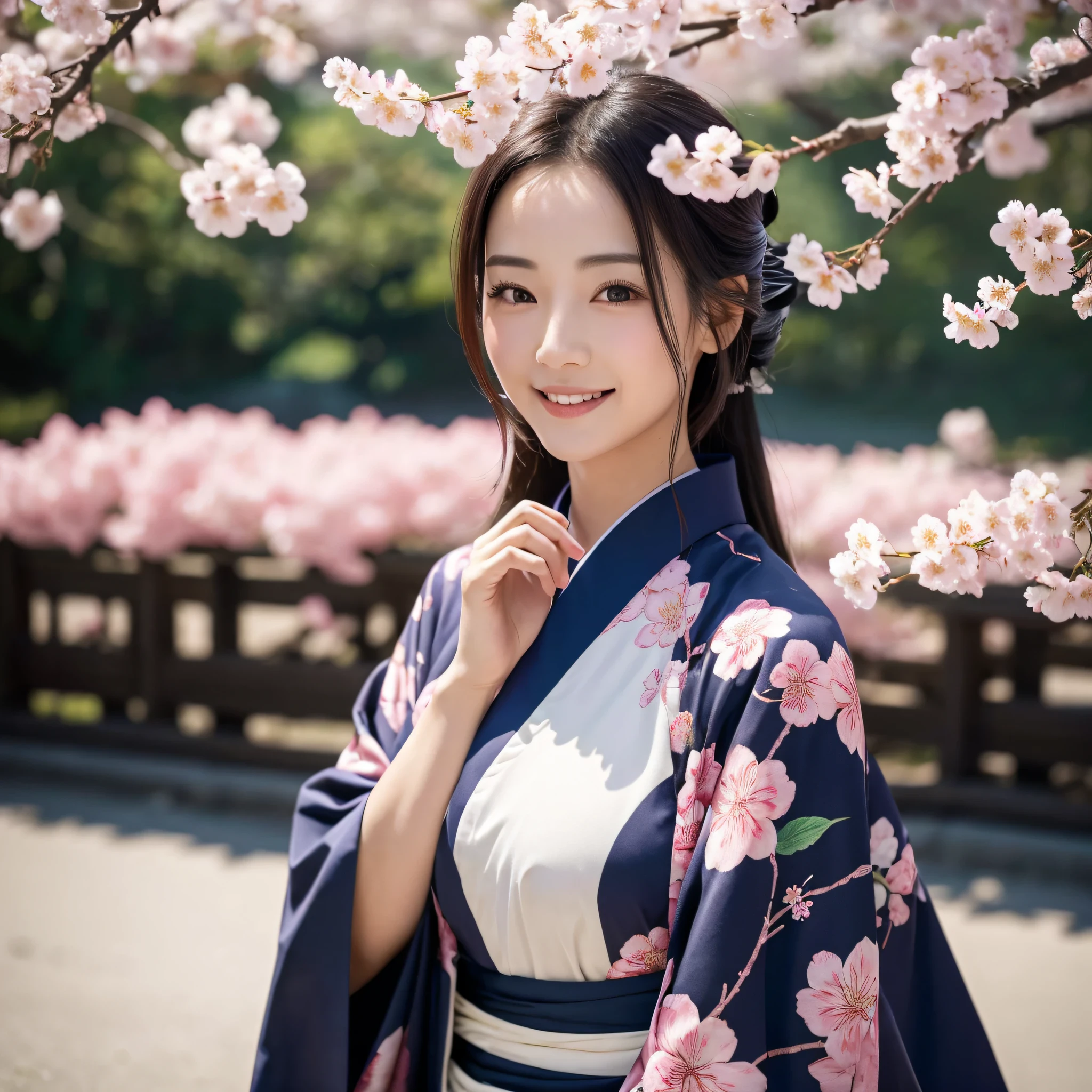(Super beautiful woman in kimono)、((best qualtiy、8k masterpieces:1.3))、foco nítido:1.2、(ultra beautiful faces:1.0)、(shinny skin:1.0)、photos realistic、A dark-haired、Video Lighting、High-definition eyes and face、Video Lighting、Japanese actressl、from the front side、medium breasts、With a happy smile、Slender Abs Beauty、Whole body、wearing kimonos、cherry blossom in full bloom