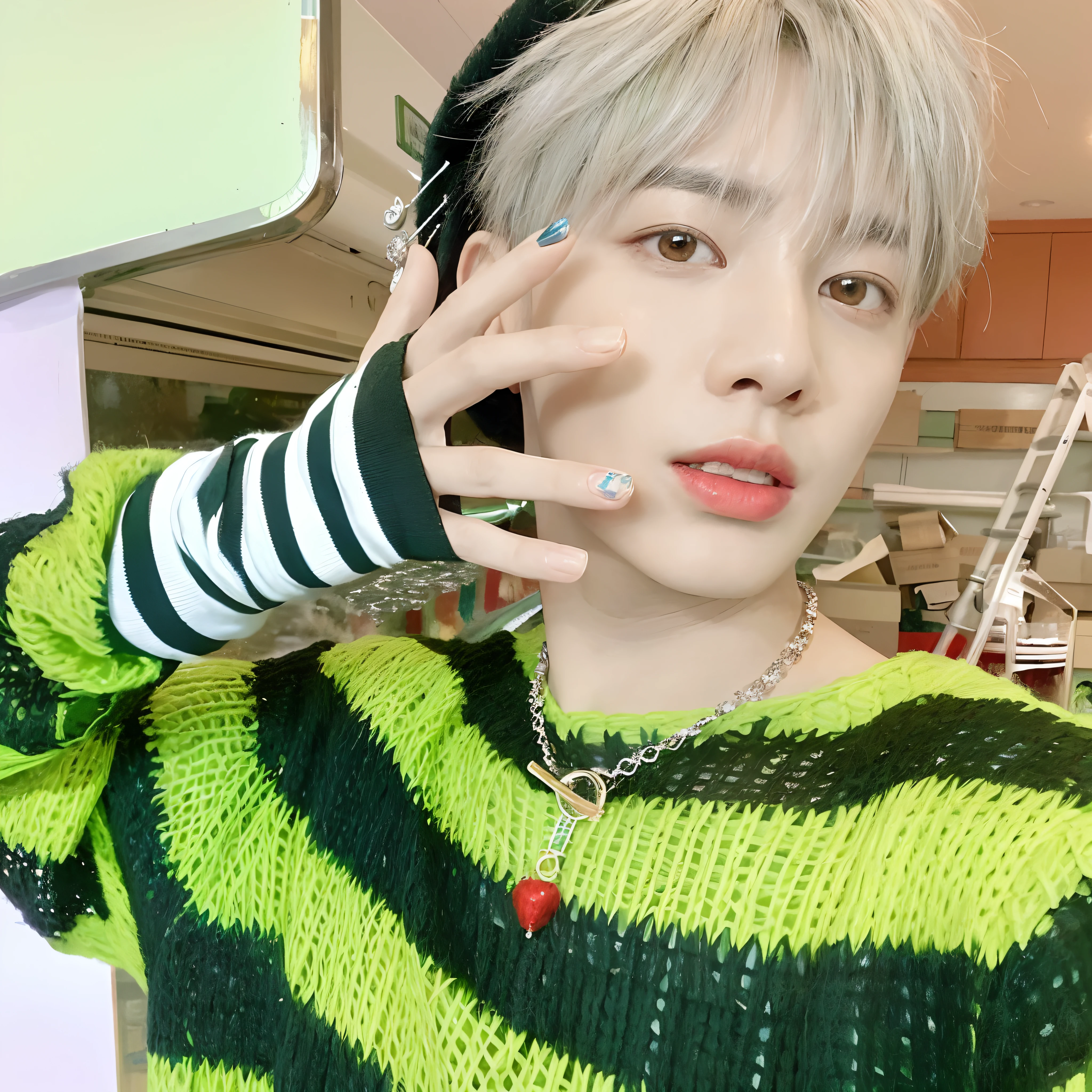 Man wearing a green and black sweater and a red and white necklace, Cai Xukun, Jung Jaehyun, Hyung Tae, XQC, Kim Doyoung, Hong June Hyung, Taejune Kim, Sakimichan, Ulzzang masculino, inspirado por Bian Shoumin, Jinyoung Shin, Blade de Drain Gang, ๐ฟ๐ธ๐, jungkook