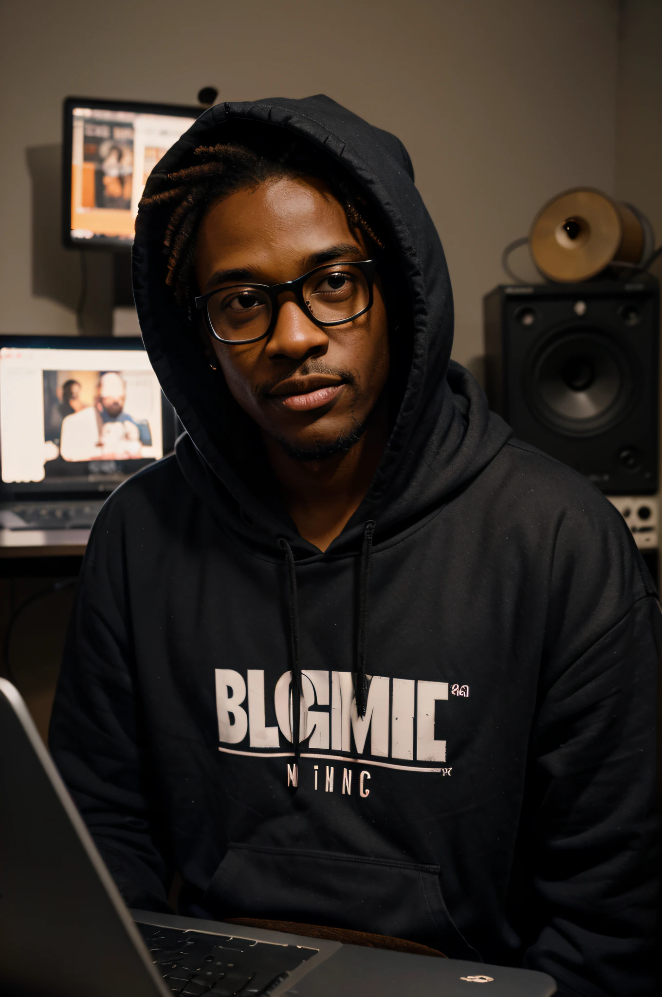 Lofi style character black guy, with gig glasses, working on a laptop but looking up toward the camera, mouth open his speaking to the camera, hoodies covering part of his face, loocking toward and facing the camera, in a music studio, at night, lofi style