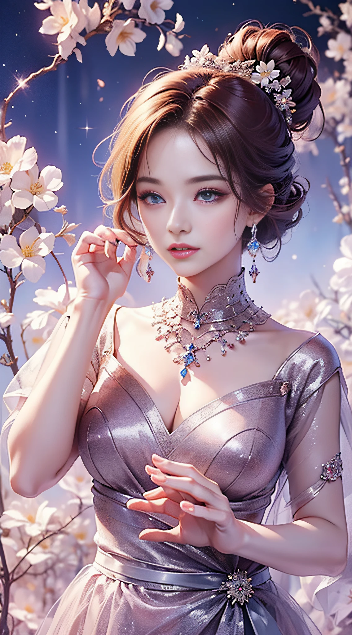 tmasterpiece,Highest high resolution,((themoon)),Dynamic bust of beautiful aristocratic maiden,Elegantly coiled brown chestnut hair,Purple clear eyes,The hair is covered with beautiful and delicate floral craftsmanship, Crystal jewelry filigree,Ultra-detailed details,upscaled,The earth rises。
