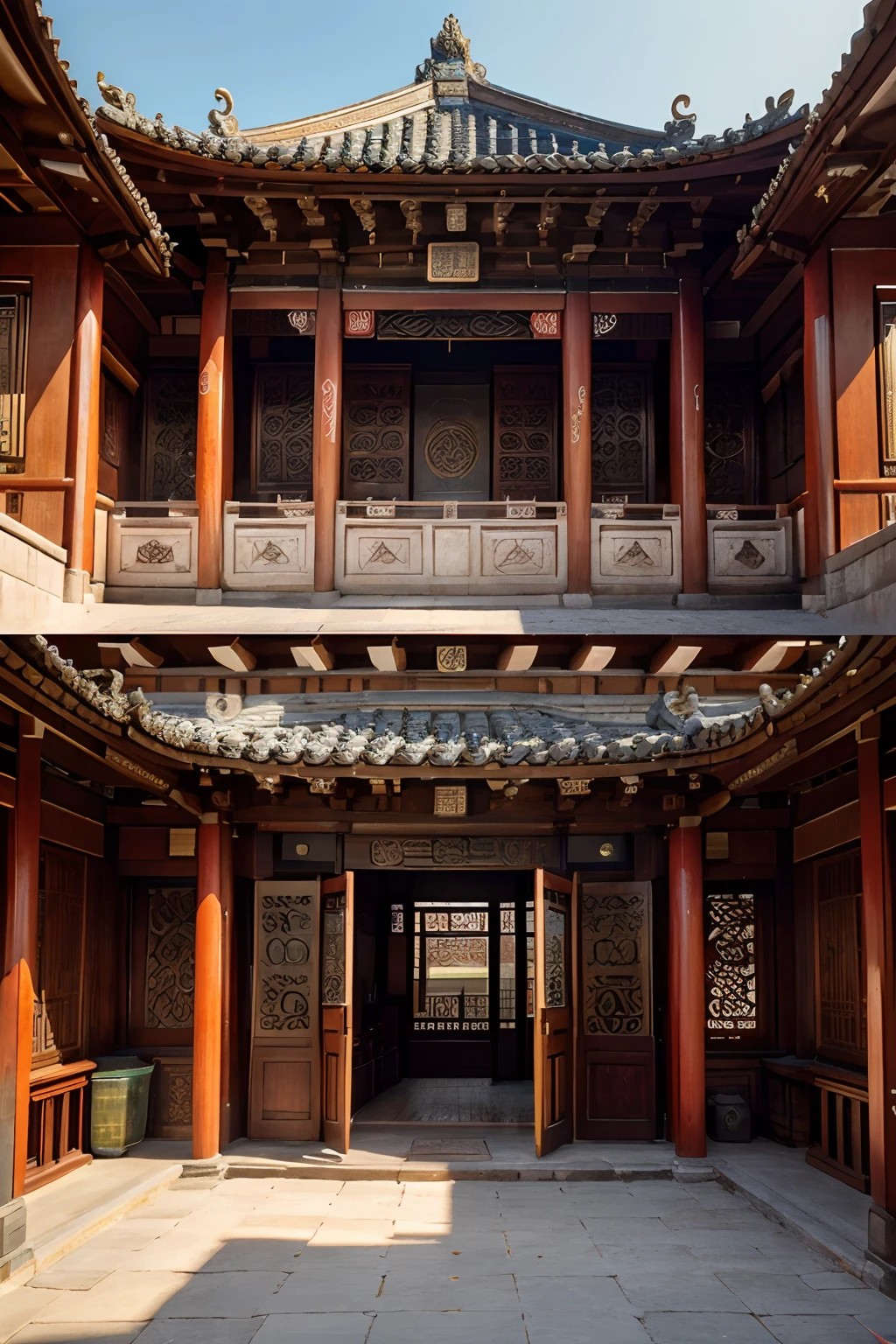 The prompt for generating a Stable Diffusion image of "Chinese Qing Dynasty architecture, horse head wall, storefront, three compartments, panoramic view" can be:
"(best quality, 4k, highres, masterpiece:1.2), realistic, Chinese Qing Dynasty architecture, horse head wall, detailed storefront, three compartments, panoramic view, traditional building materials, intricate carvings, symmetrical design, vibrant colors, natural lighting, traditional Chinese architectural elements, elegant roof tiles, courtyard in the background, clear blue sky backdrop."