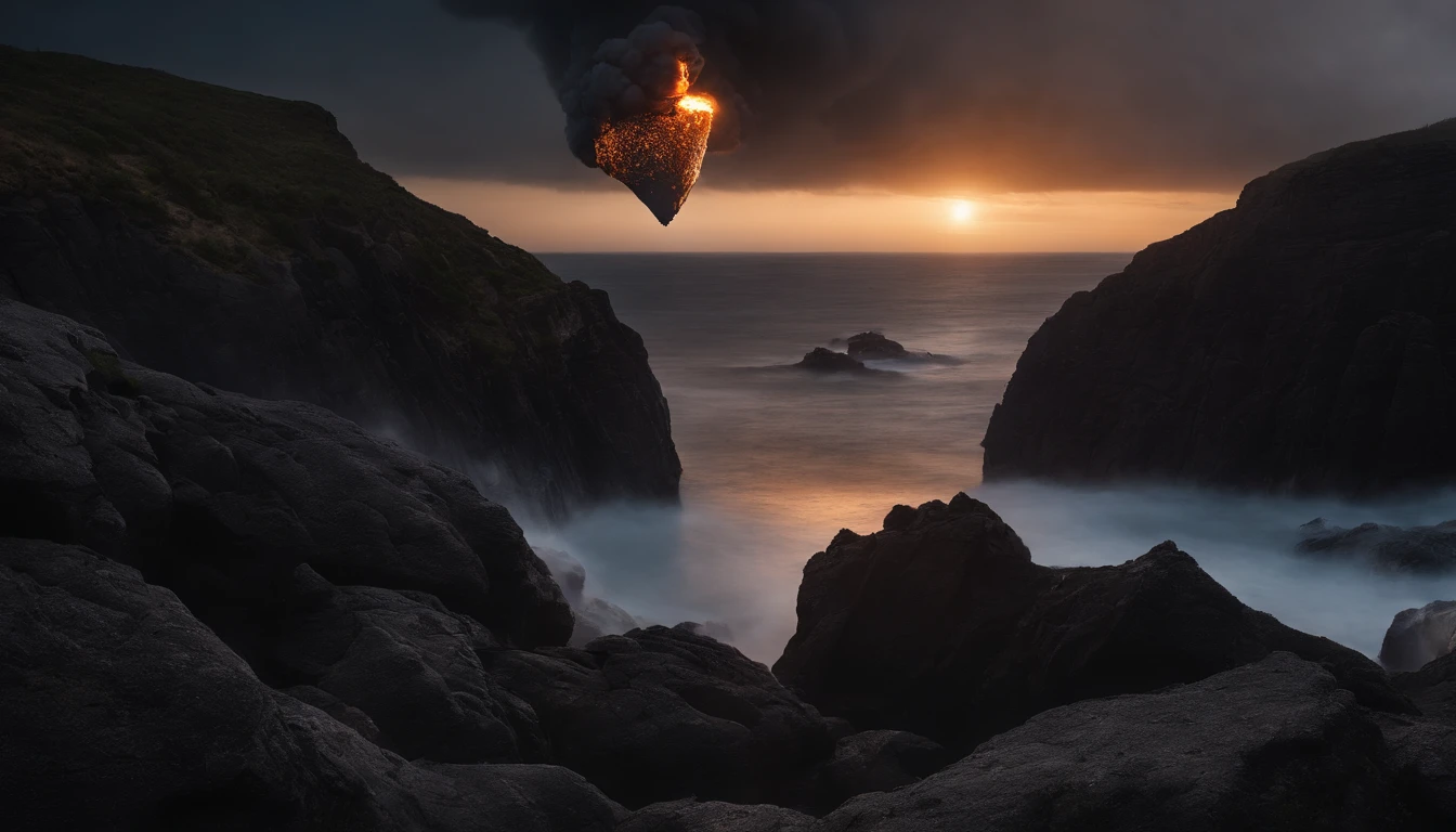 A colossal meteorite hurtling towards Earth, fiery tail trailing behind, the surface covered in craters and jagged rocks, looming ominously over a coastal city, capturing the panic and awe of onlookers, Photography, using a high-speed telephoto lens (e.g., 400mm f/2.8), capturing the meteorite in sharp focus against a slightly blurred cityscape,