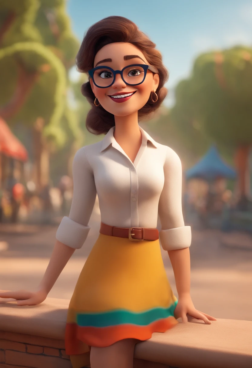 Image of a white teacher for YouTube video in Pixar format, ela tem cabelos castanho e liso de tamanho no ombro, wears glasses, She's white She's cheerful and likes colorful clothes.