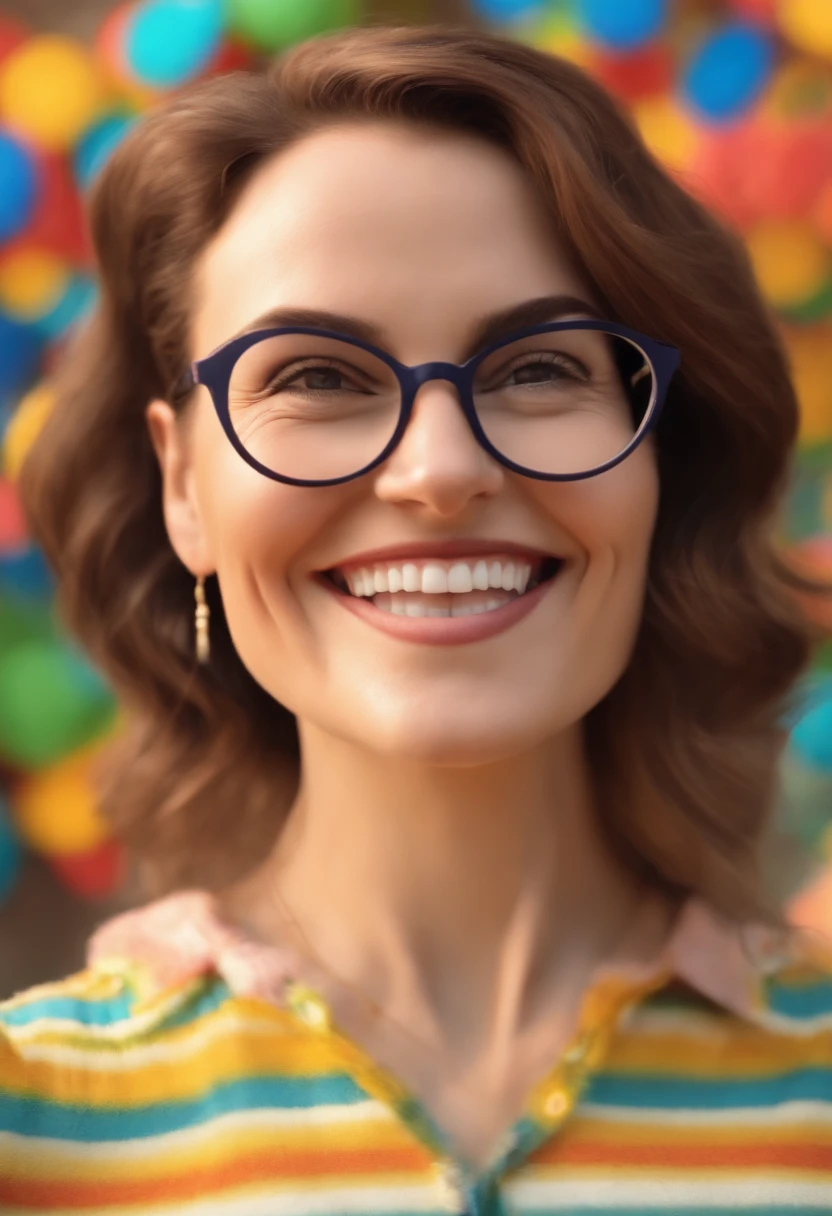 Image of a white teacher for YouTube video in Pixar format, ela tem cabelos castanho e liso de tamanho no ombro, wears glasses, She's white She's cheerful and likes colorful clothes.