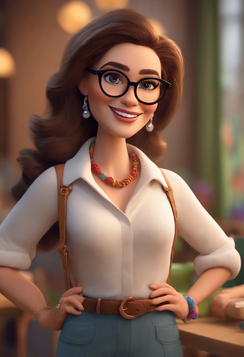 Image of a white teacher for YouTube video in Pixar format, ela tem cabelos castanho e liso chanel, wears glasses, she's white, brown eyelets She is cheerful and likes colorful clothes.