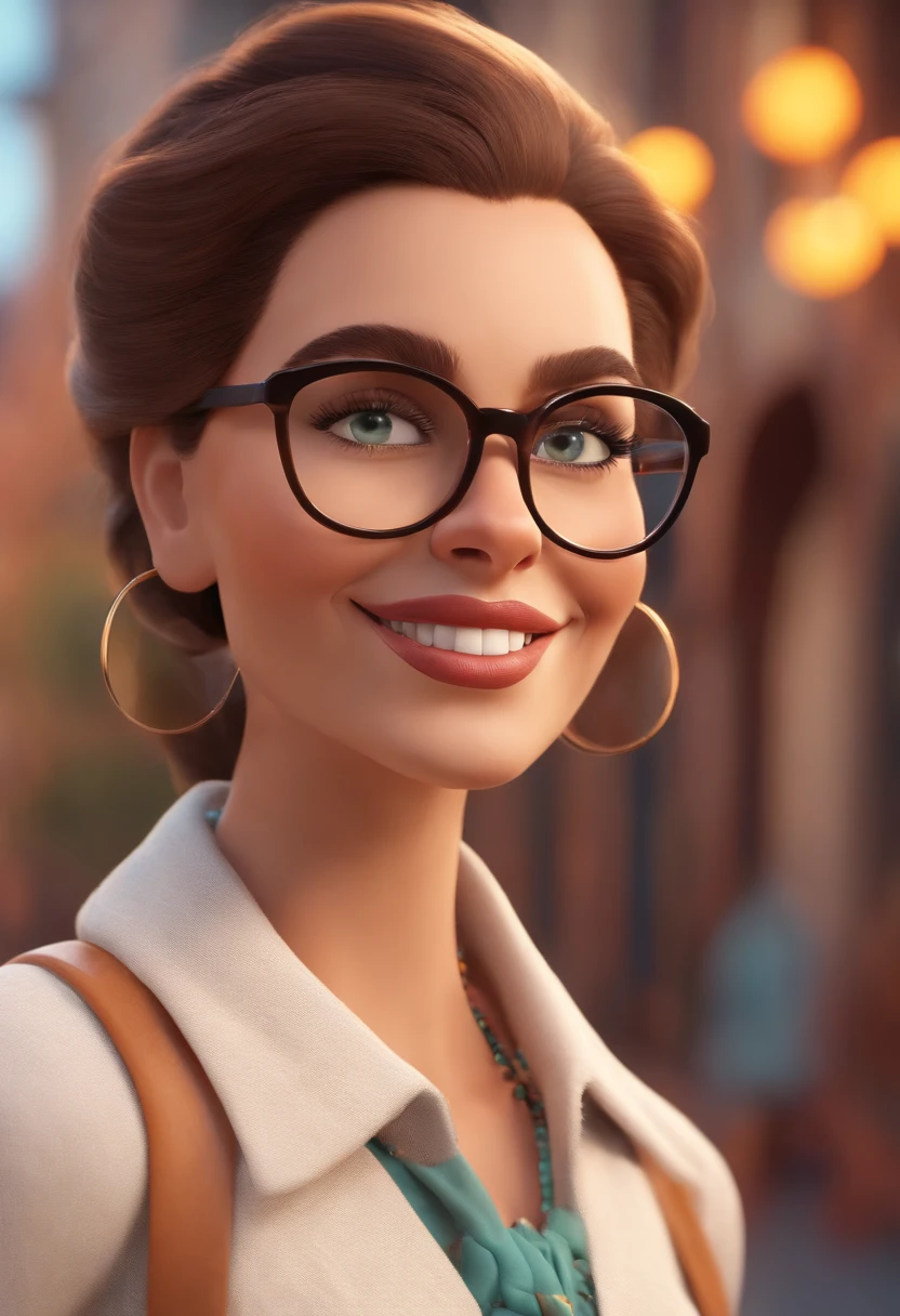 Image of a white teacher for YouTube video in Pixar format, ela tem cabelos castanho e liso chanel, wears glasses, she's white, brown eyelets She is cheerful and likes colorful clothes.