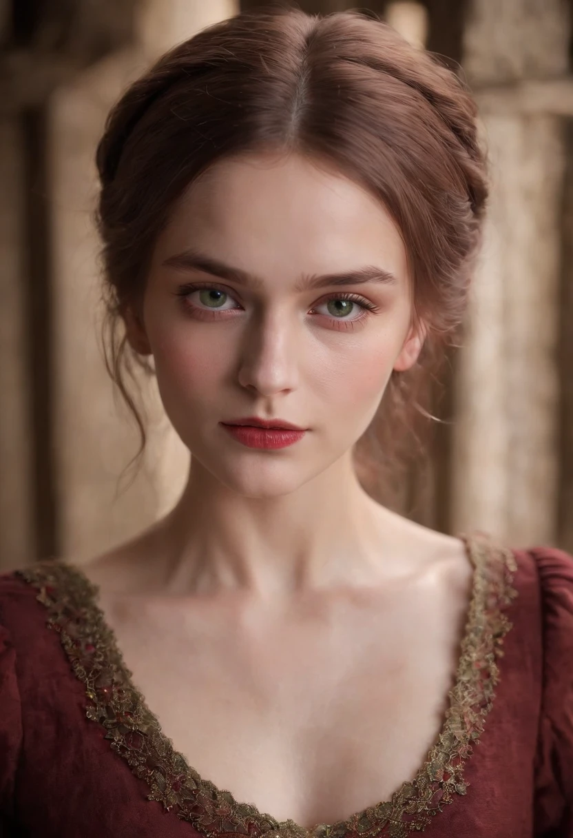 (((a deep reddish wound crosses her left cheek))) fair complexion, woman around 19 years old, natural white hair, distinctive green eyes, wearing kohl, slender and graceful, beautiful, candlelight in a medieval setting, ultra sharp focus, realistic shot, medieval female clothes, tetradic colors (scar:1.4), Freak chest in the barn