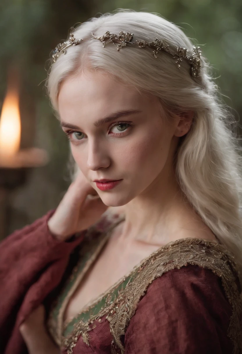 (((a deep reddish wound crosses her left cheek))) fair complexion, woman around 19 years old, natural white hair, distinctive green eyes, wearing kohl, slender and graceful, beautiful, candlelight in a medieval setting, ultra sharp focus, realistic shot, medieval female clothes, tetradic colors (scar:1.4), Freak chest in the barn