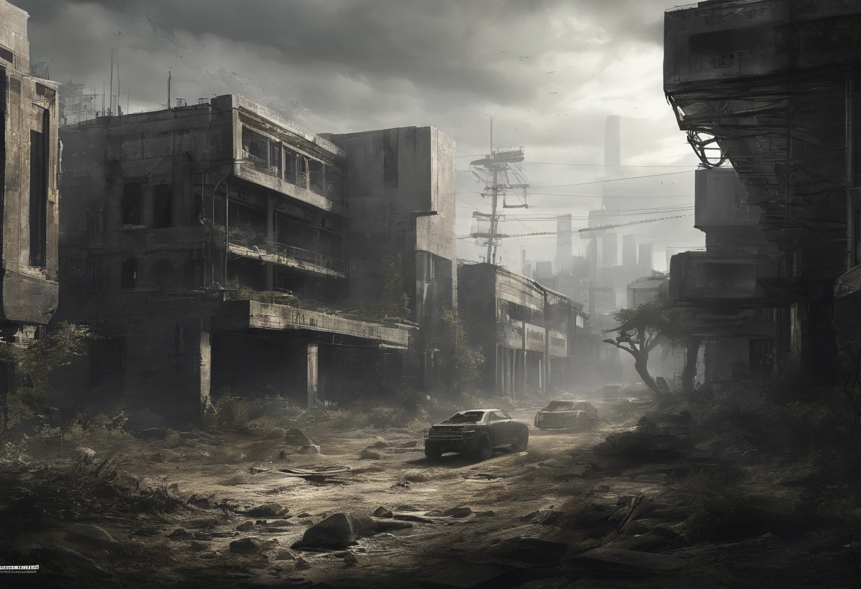 Post-apocalyptic wars, Shades of white, Nero, amarelo, survivor, vegetation, shadowing, Gloomy atmosphere, darkly, ((natta)), The breadth of the landscape, book cover