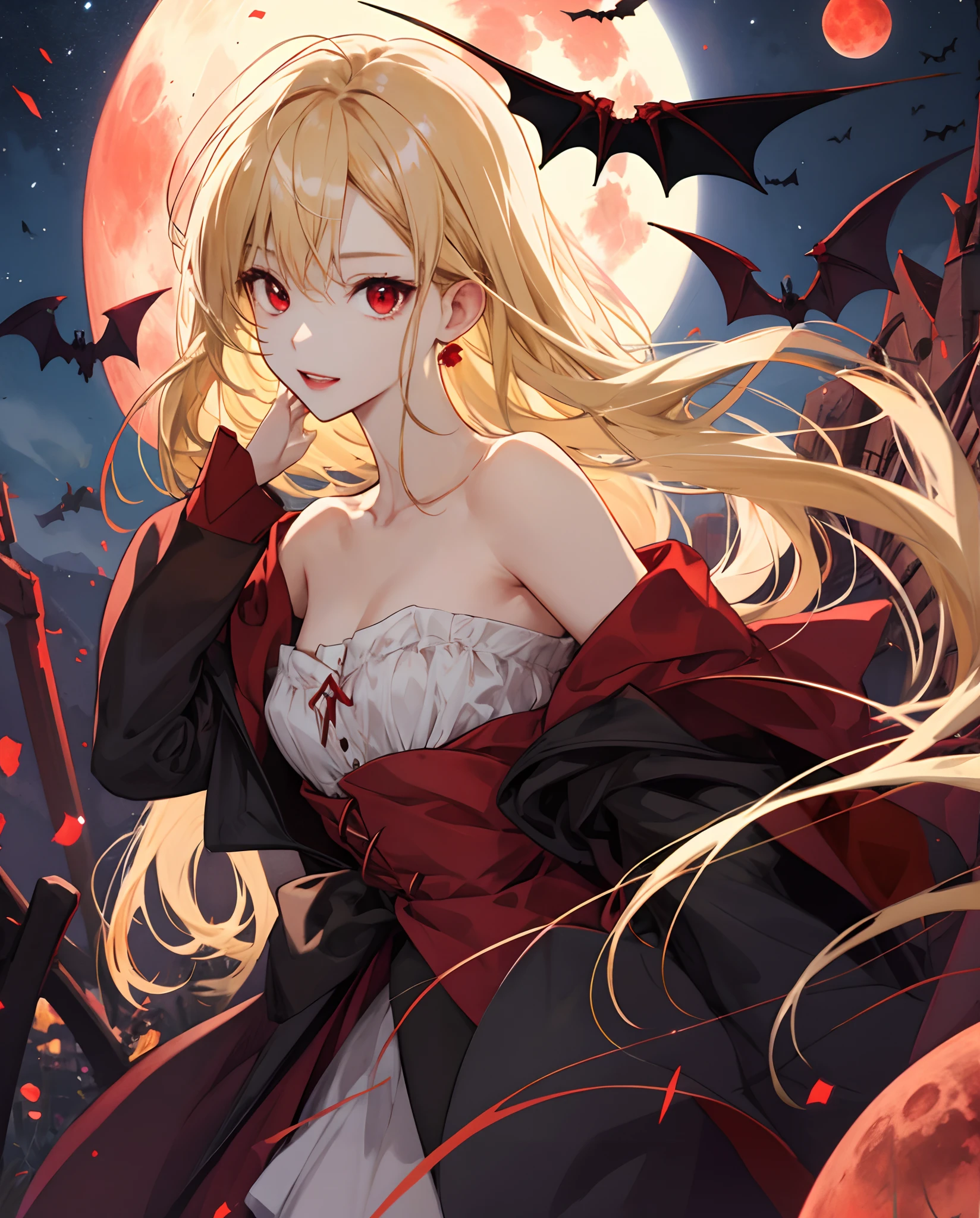One blonde girl、red eyes、Vampire、a moon、Midnight、off shoulders、doress