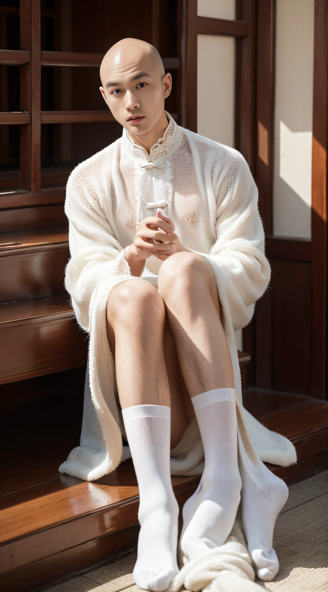 A Chinese man,bald-headed,In a peaceful temple,Wear lace socks elegantly,Exudes an ethereal and refined aesthetic