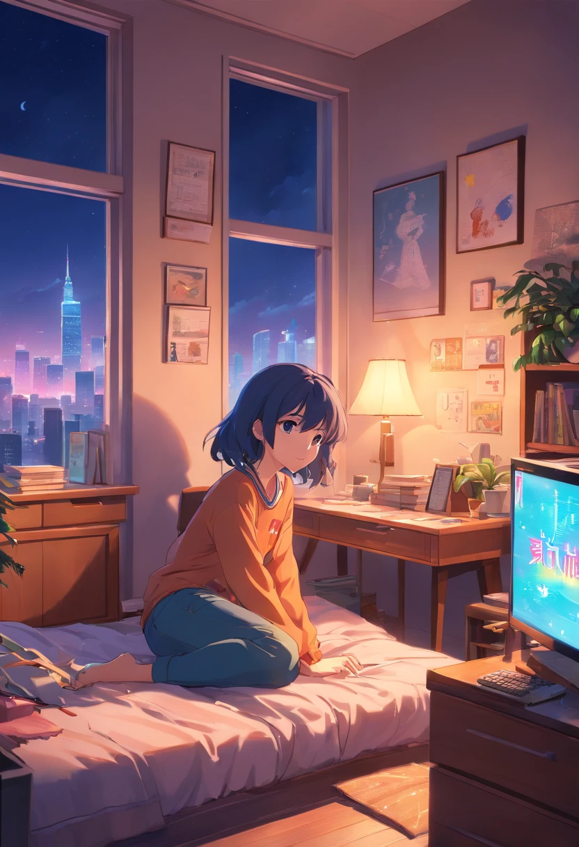 3D animated movie stills of comfortable room, Large windows with city view at night, Crested Moon, Melancholic, Grief vibes, The bed is not made, Computer desk, Cluttered furniture, Otaku style poster on the wall and guitar in the corner,In the style of Pixar, Disney, vaporwave